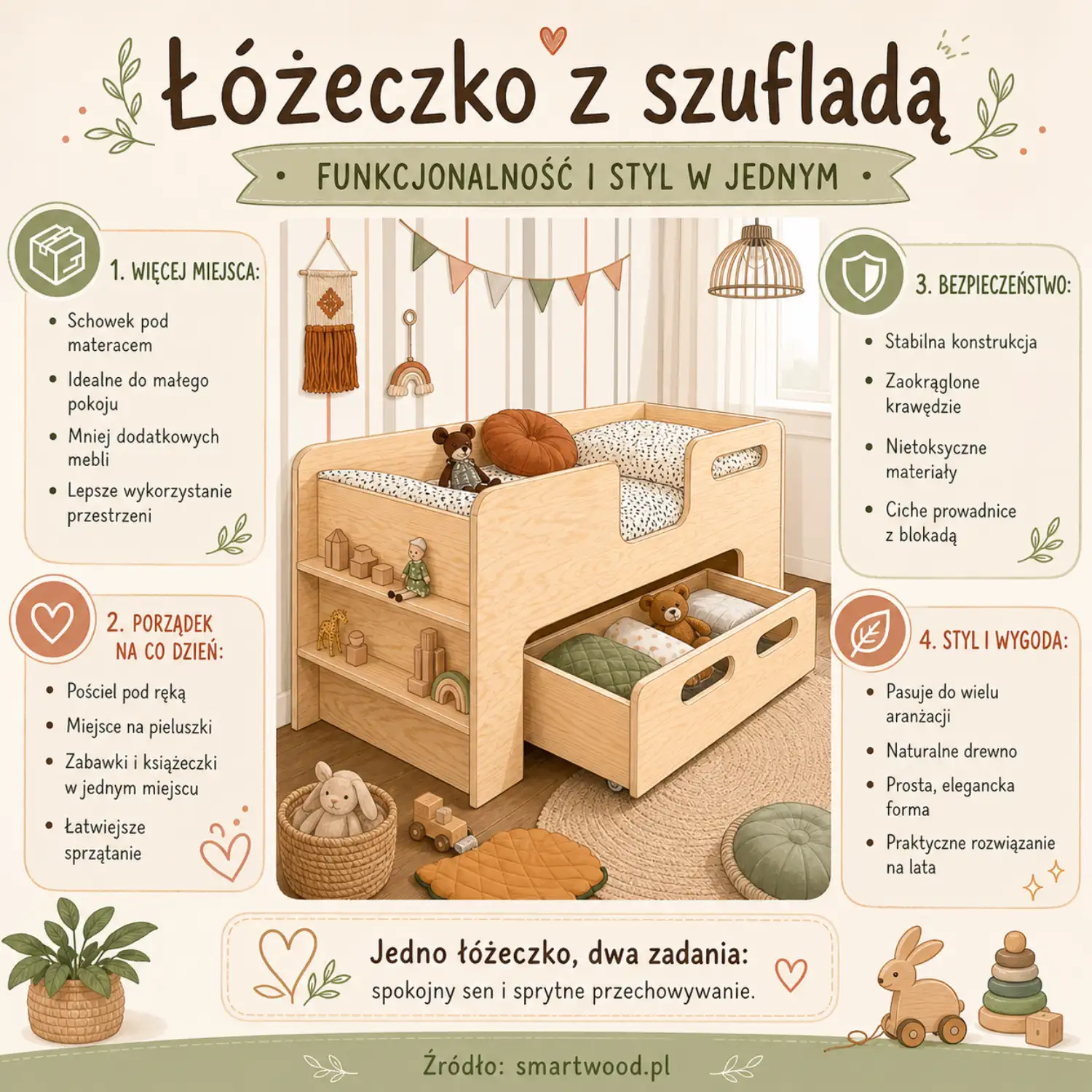 Infografika Smartwood - łóżeczko z szufladą: funkcjonalność i styl w jednym, więcej miejsca, porządek i bezpieczeństwo dla dziecka.