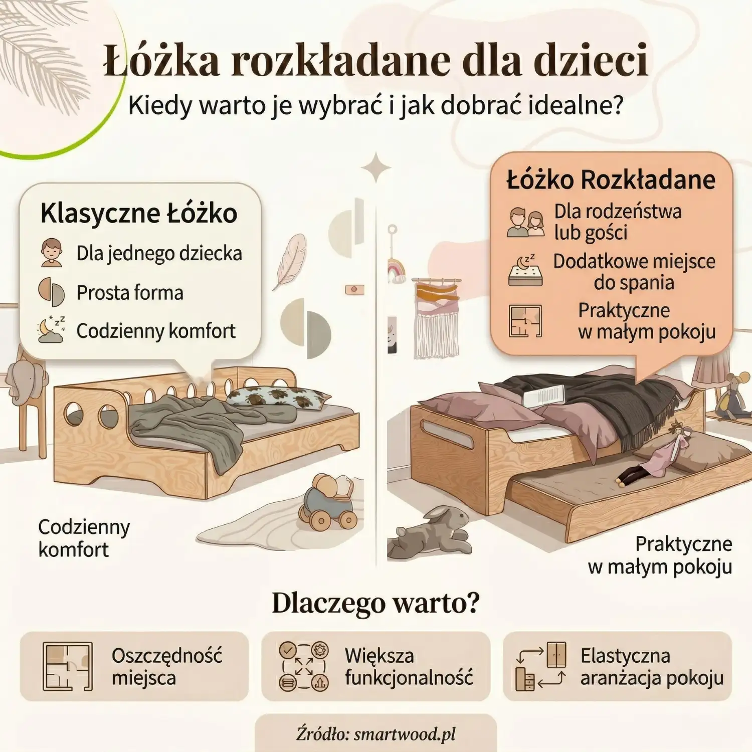 Łóżka rozkładane dla dzieci: kiedy warto je wybrać i jak dobrać idealne? Porównanie klasycznego łóżka z rozkładanym – oszczędność miejsca, większa funkcjonalność i elastyczna aranżacja pokoju. Źródło: smartwood.pl