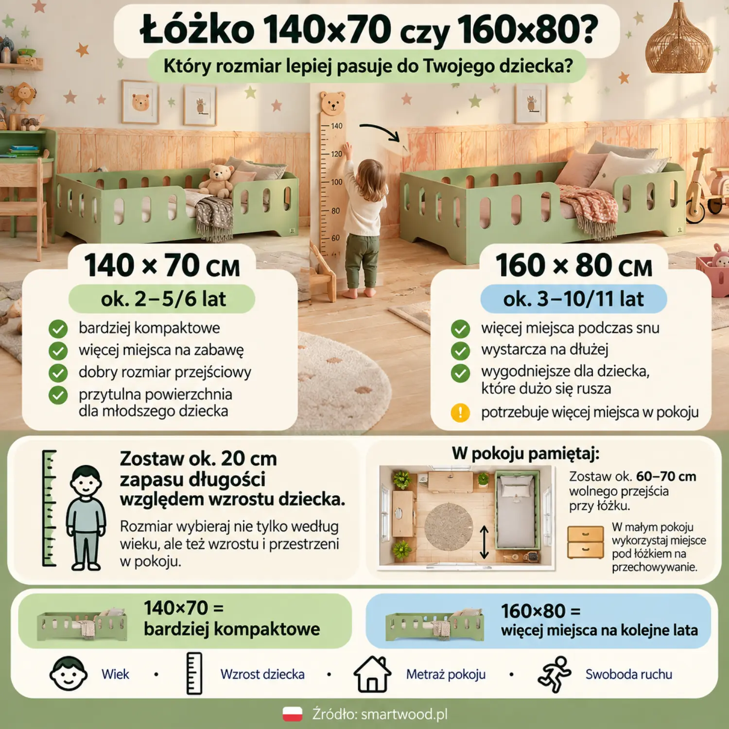 Infografika: łóżko 140×70 czy 160×80 - porównanie rozmiarów, orientacyjny wiek, zapas długości i miejsce potrzebne w pokoju.