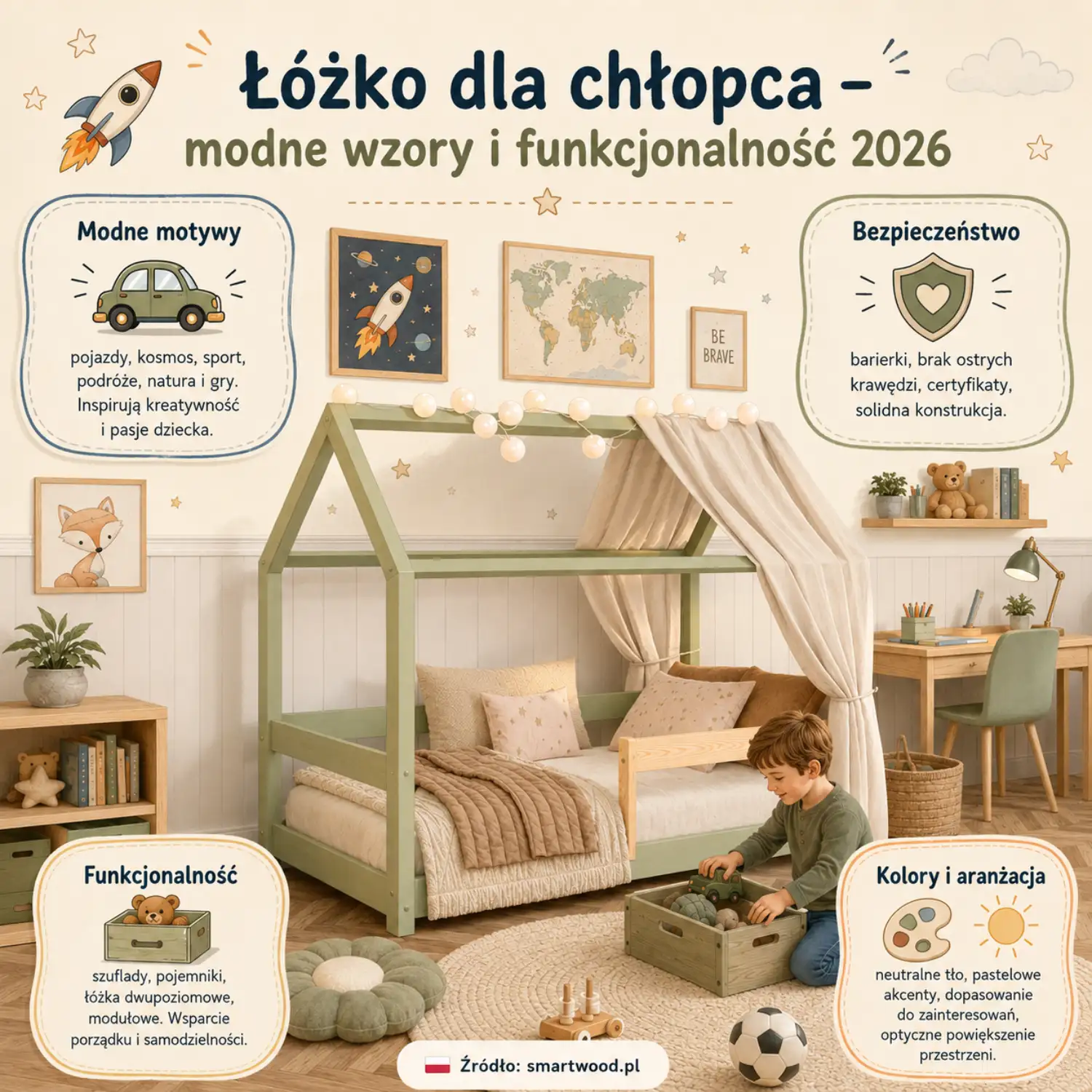 Infografika Smartwood - łóżko dla chłopca 2026: modne motywy, funkcjonalność, bezpieczeństwo oraz kolory i aranżacja pokoju.
