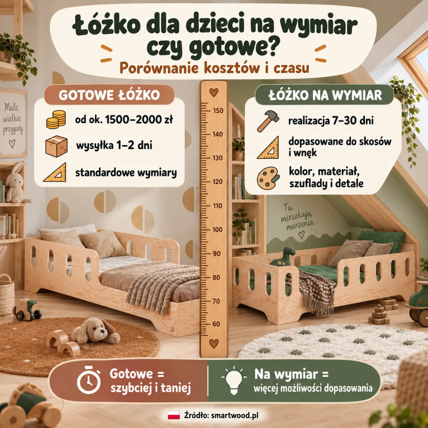 Infografika: łóżko dla dzieci na wymiar czy gotowe — porównanie kosztów, czasu realizacji i możliwości dopasowania.