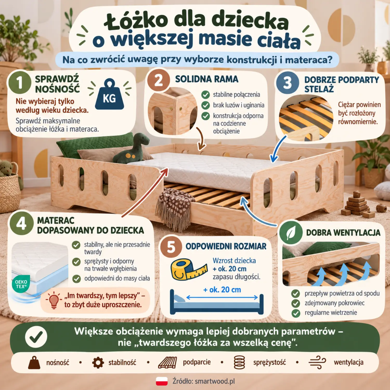 Infografika: łóżko dla cięższego dziecka - nośność, solidna rama, podparty stelaż, dobrany materac i odpowiedni rozmiar.