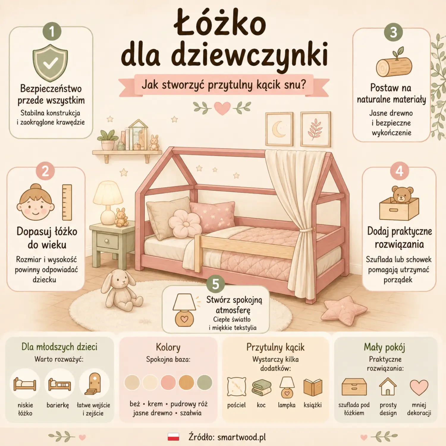 Infografika: łóżko dla dziewczynki - bezpieczeństwo, dopasowanie do wieku, naturalne materiały i praktyczne przechowywanie.