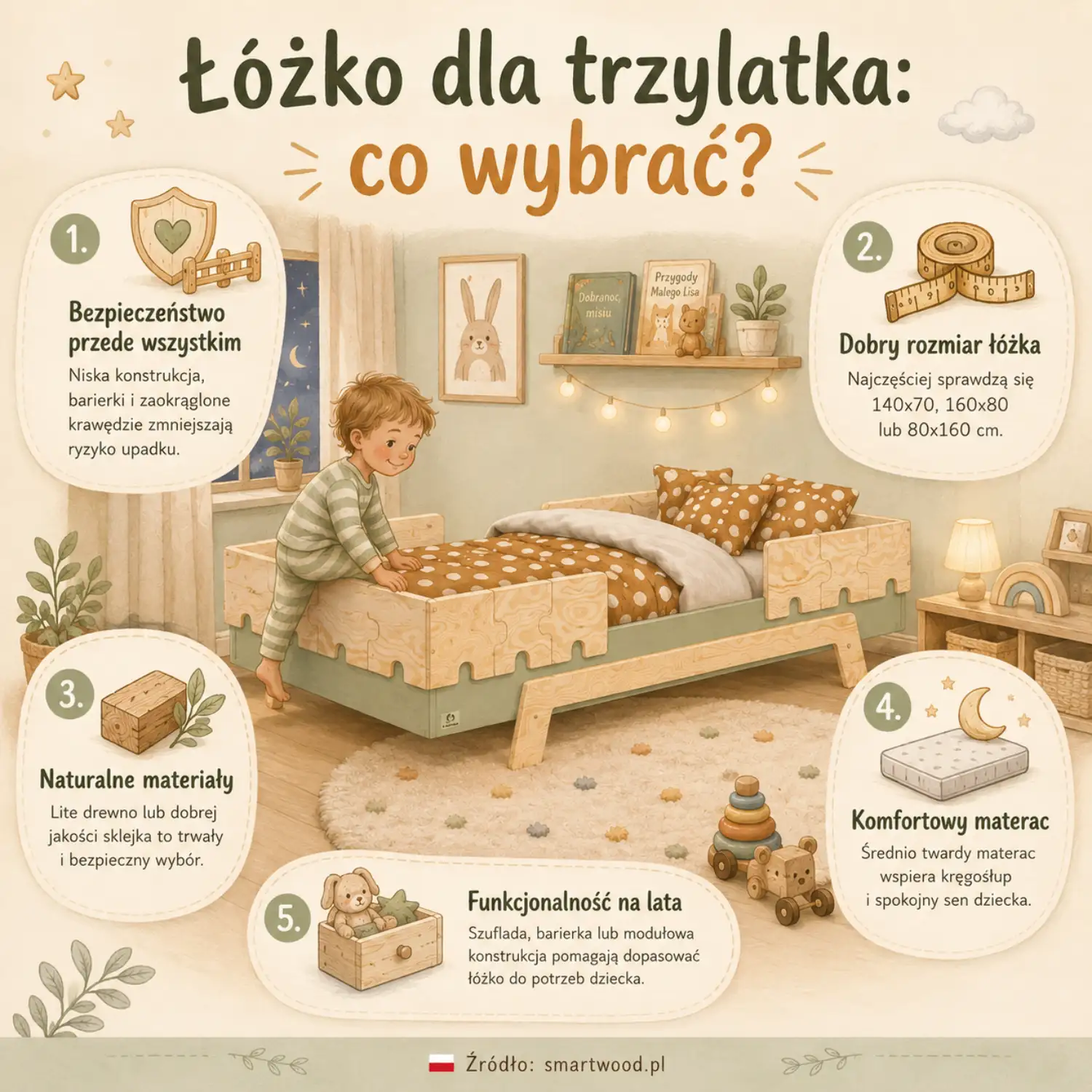 Infografika Smartwood — łóżko dla trzylatka: bezpieczeństwo, rozmiar, naturalne materiały, materac i funkcjonalność na lata.