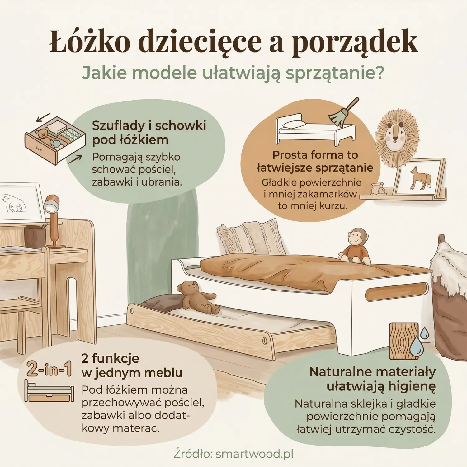 Infografika łóżko dziecięce a porządek – szuflady, prosta forma, 2 funkcje w jednym meblu i naturalne materiały ułatwiające higienę