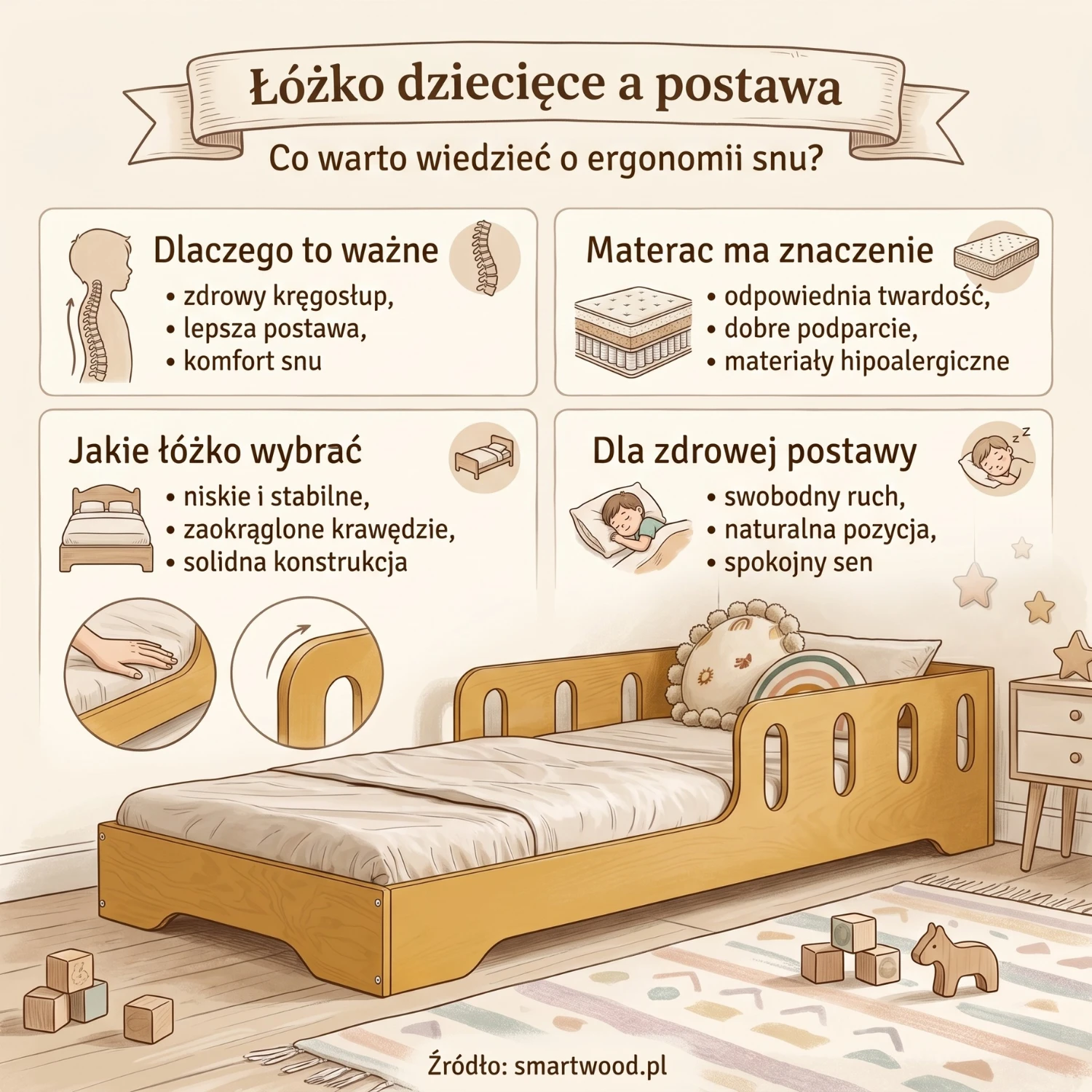 Infografika Smartwood przedstawiająca wpływ łóżka dziecięcego na postawę i ergonomię snu - zdrowy kręgosłup, odpowiedni materac, niskie i stabilne łóżko oraz naturalna pozycja ciała dziecka.