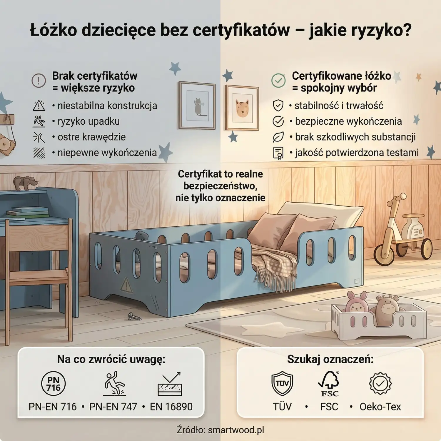 Łóżko dziecięce bez certyfikatów - jakie ryzyko? Certyfikowane łóżko to stabilność, bezpieczne wykończenia i jakość potwierdzona testami. Szukaj oznaczeń TÜV, FSC i Oeko-Tex.