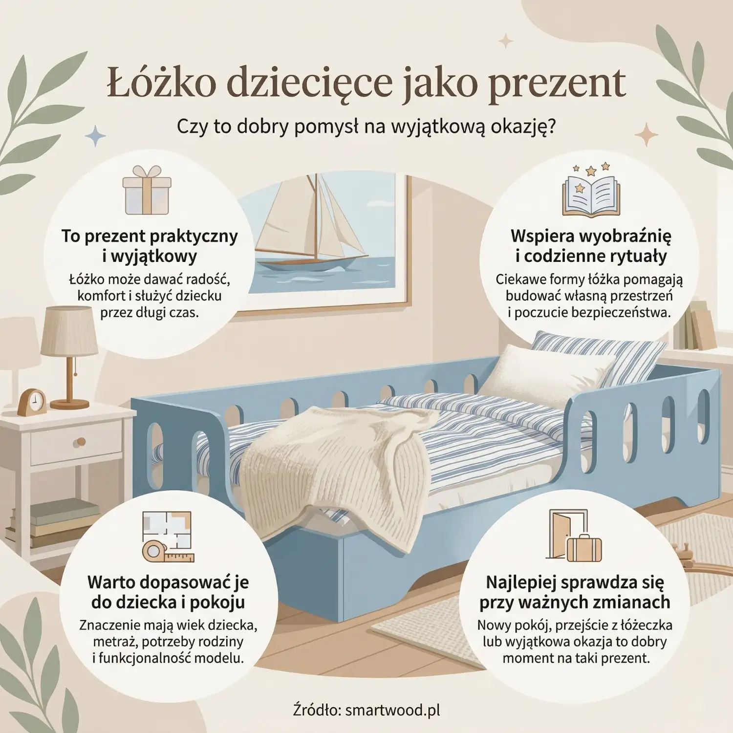  Infografika o łóżku dziecięcym jako prezencie – praktyczny i wyjątkowy pomysł na prezent, który wspiera wyobraźnię i codzienne rytuały dziecka