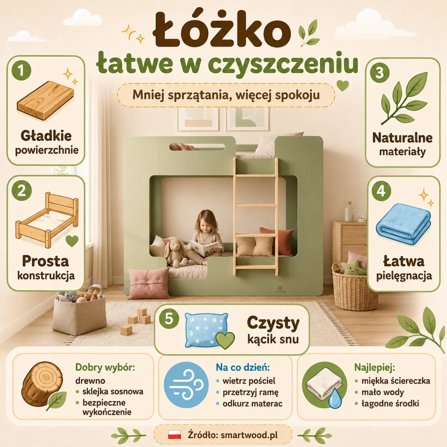 Infografika: łóżko dziecięce łatwe w czyszczeniu - gładkie powierzchnie, prosta konstrukcja, naturalne materiały i łatwa pielęgnacja.