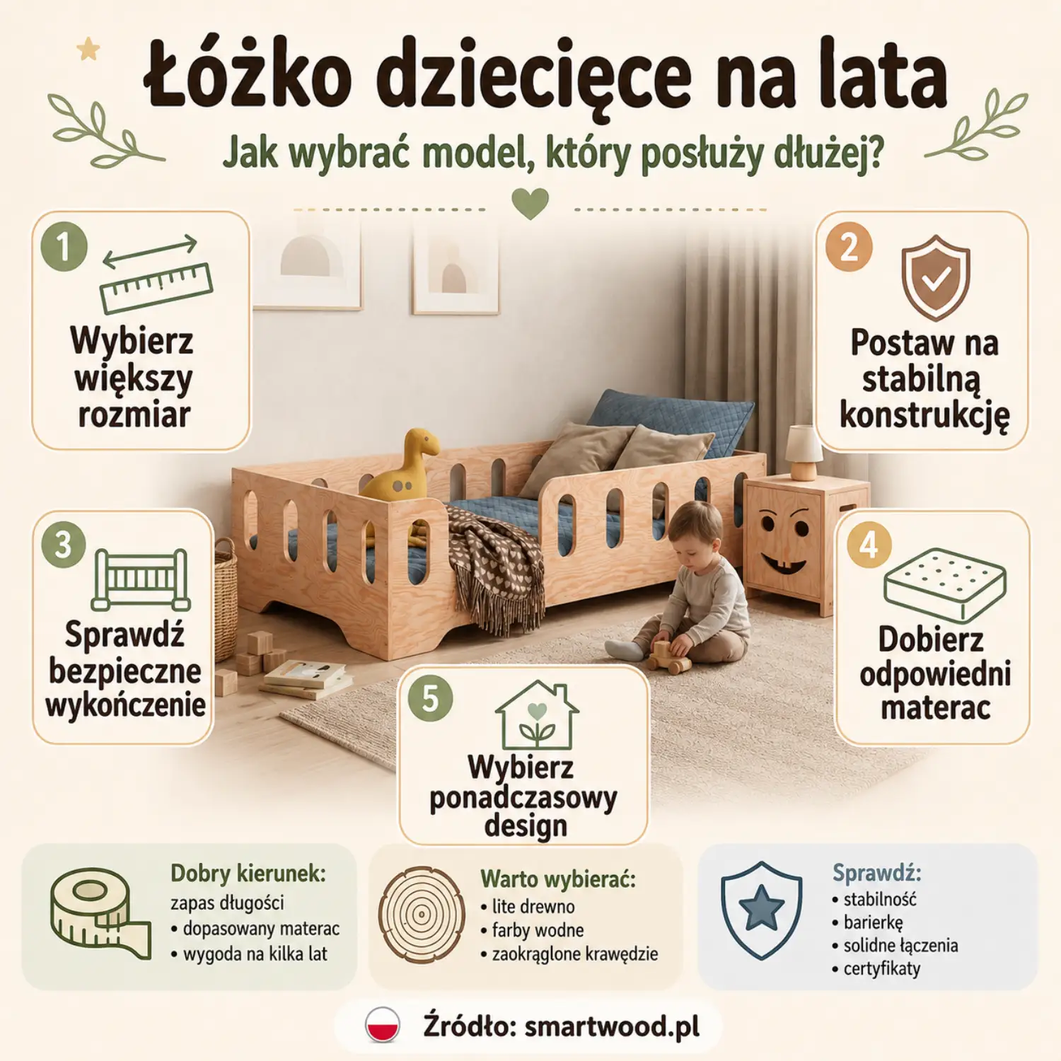 Infografika: łóżko dziecięce na lata — większy rozmiar, stabilna konstrukcja, bezpieczne wykończenie, dopasowany materac i ponadczasowy design.