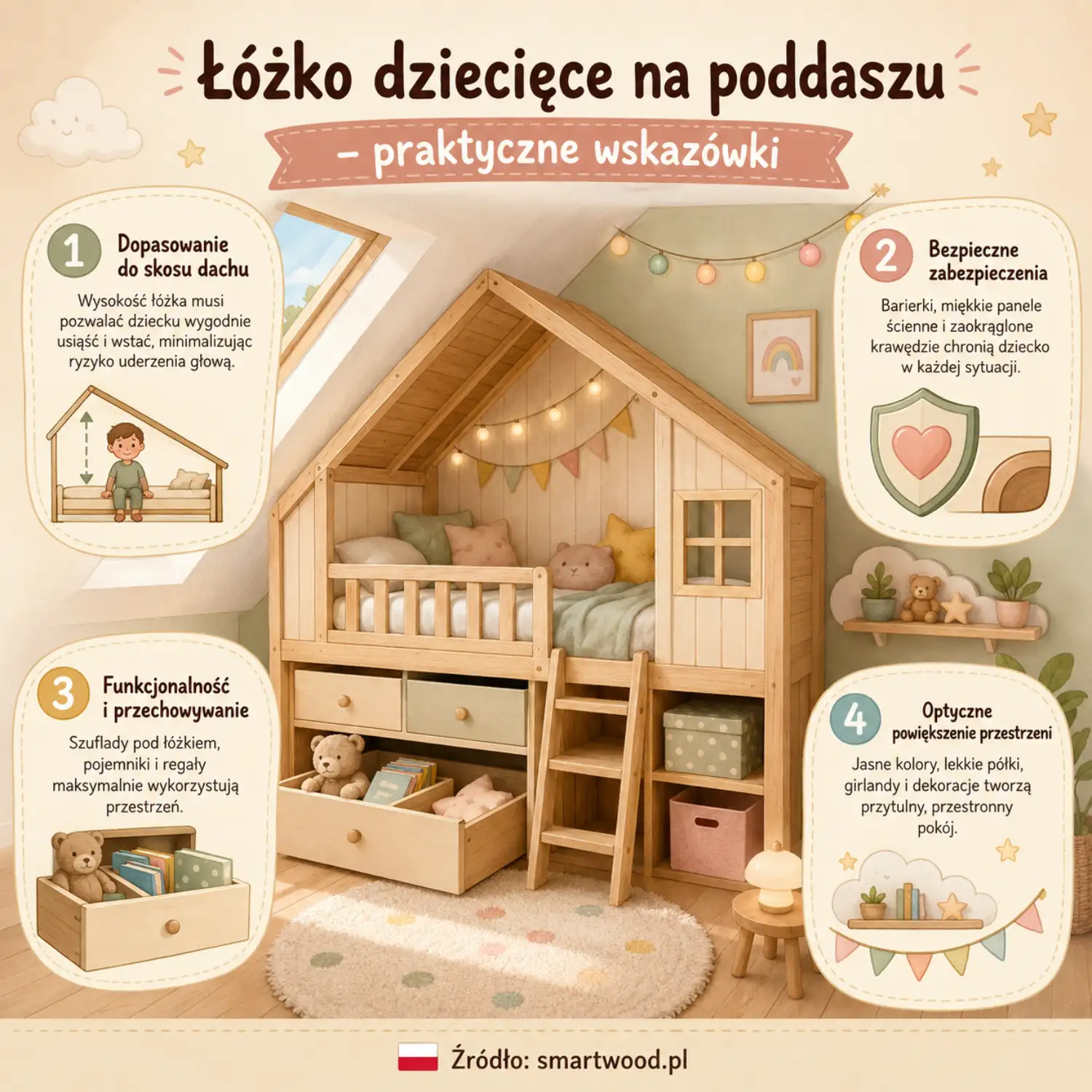 Niskie drewniane łóżko dziecięce TILA 7 w kolorze musztardowym na poddaszu, chłopiec czytający książkę w przytulnym pokoju ze skosami.