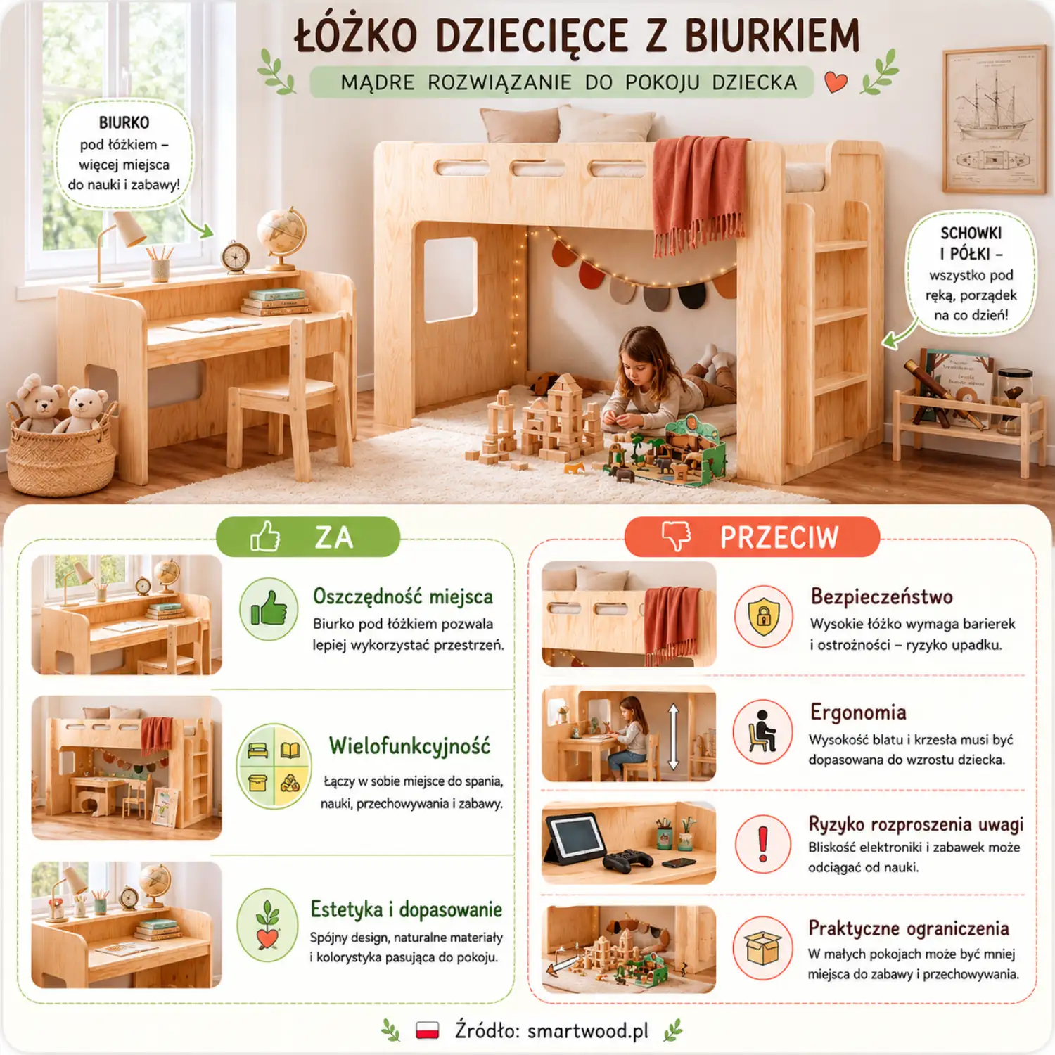 Infografika: łóżko z biurkiem jako mądre rozwiązanie do pokoju dziecka - za i przeciw. smartwood.pl