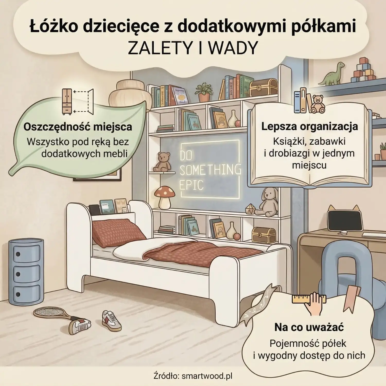 Infografika łóżko dziecięce z dodatkowymi półkami – zalety i wady, oszczędność miejsca, lepsza organizacja i na co uważać