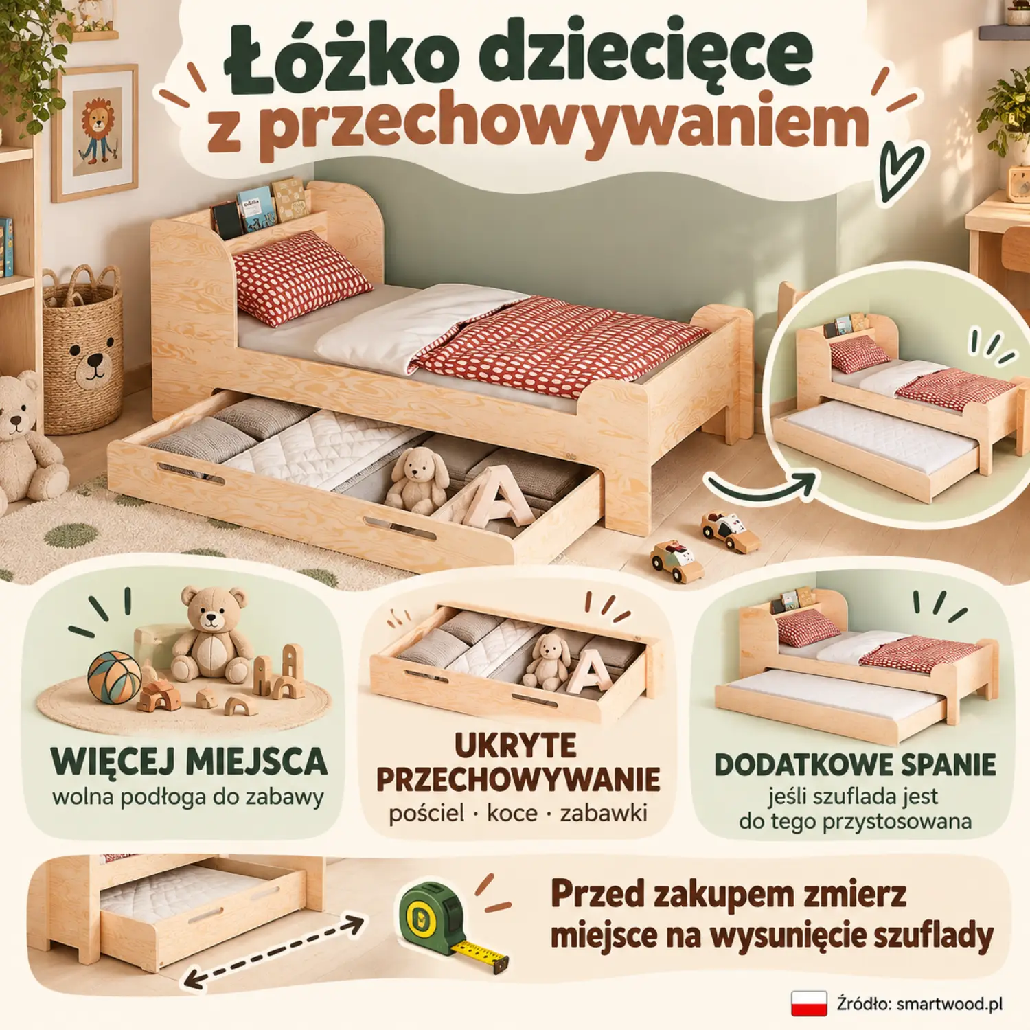 Infografika: łóżko dziecięce z szufladą - więcej wolnej podłogi, ukryte przechowywanie pościeli i zabawek oraz dodatkowe miejsce do spania.