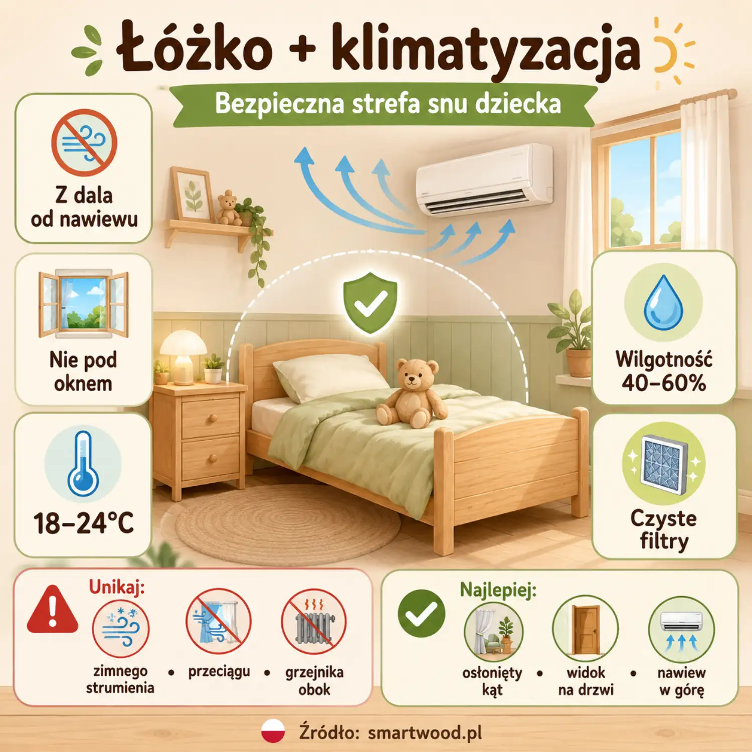 Infografika: łóżko i klimatyzacja - bezpieczna strefa snu dziecka, właściwa temperatura, wilgotność i ustawienie łóżka.