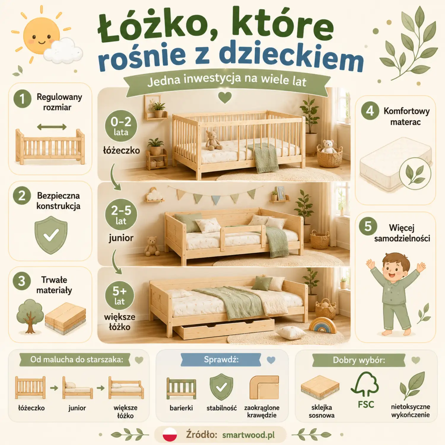 Infografika: łóżko, które rośnie z dzieckiem - regulowany rozmiar, bezpieczna konstrukcja, trwałe materiały i etapy od łóżeczka do większego łóżka.