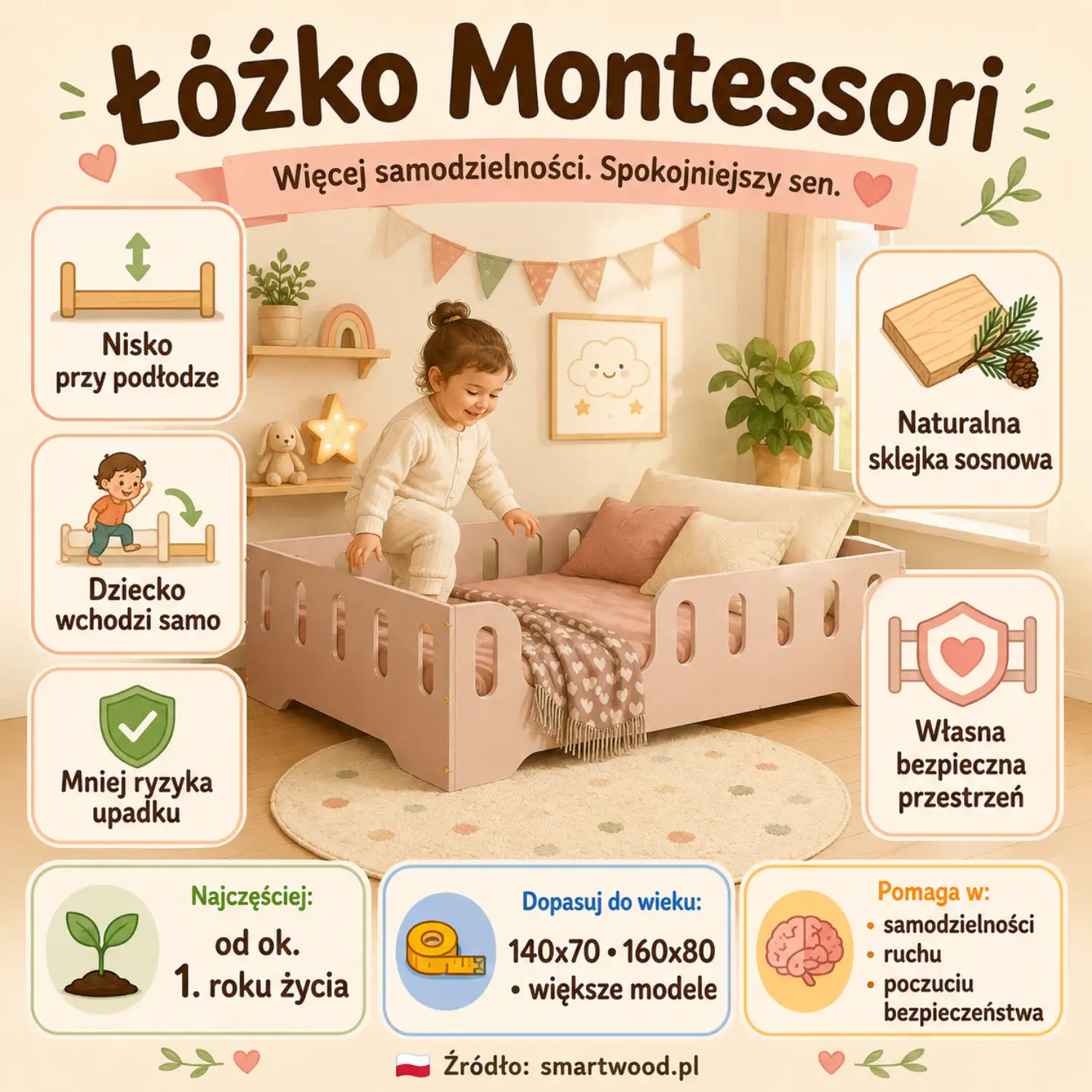 Infografika: łóżko Montessori - nisko przy podłodze, dziecko wchodzi samo, mniej ryzyka upadku i naturalna sklejka sosnowa.