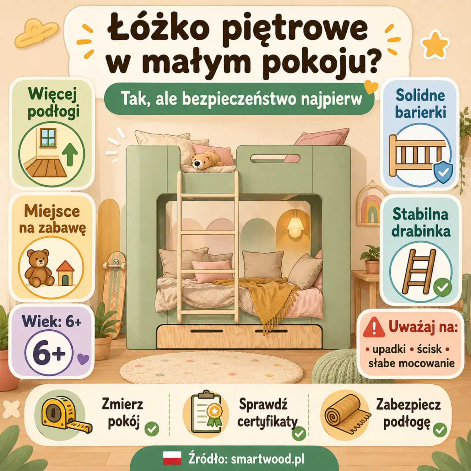 Infografika: czy łóżko piętrowe sprawdzi się w małym pokoju - tak, ale z zachowaniem bezpieczeństwa. smartwood.pl