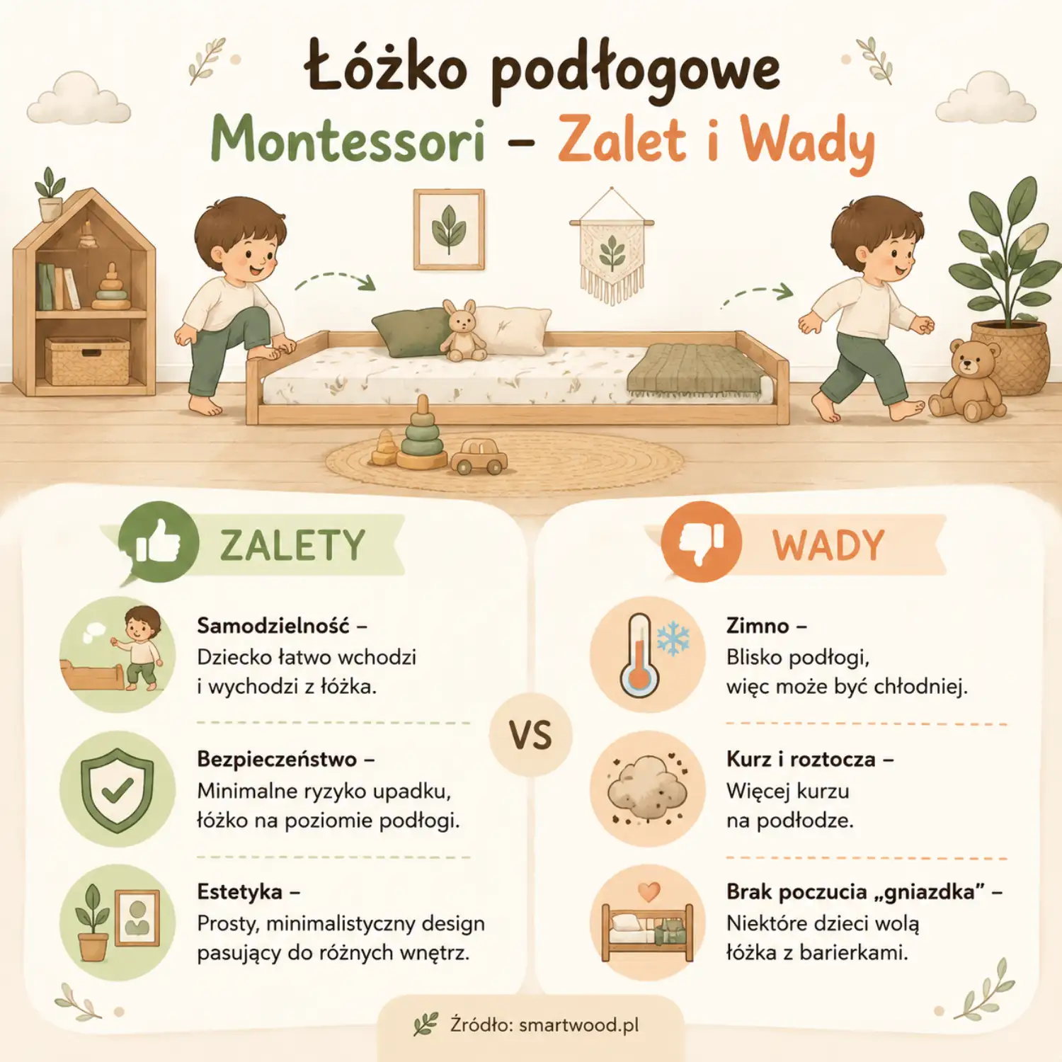  Infografika Smartwood - łóżko podłogowe Montessori: zalety (samodzielność, bezpieczeństwo, estetyka) i wady (chłód, kurz, brak poczucia gniazdka)