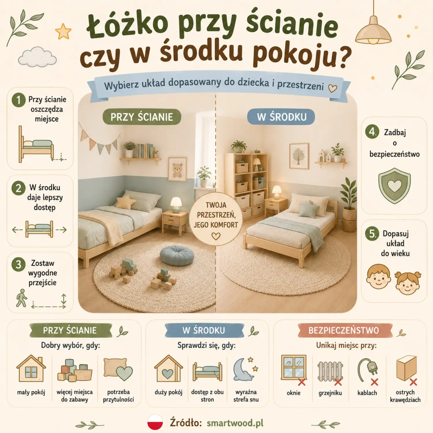 Infografika: łóżko przy ścianie czy w środku pokoju - oszczędność miejsca, lepszy dostęp, wygodne przejście i bezpieczeństwo.