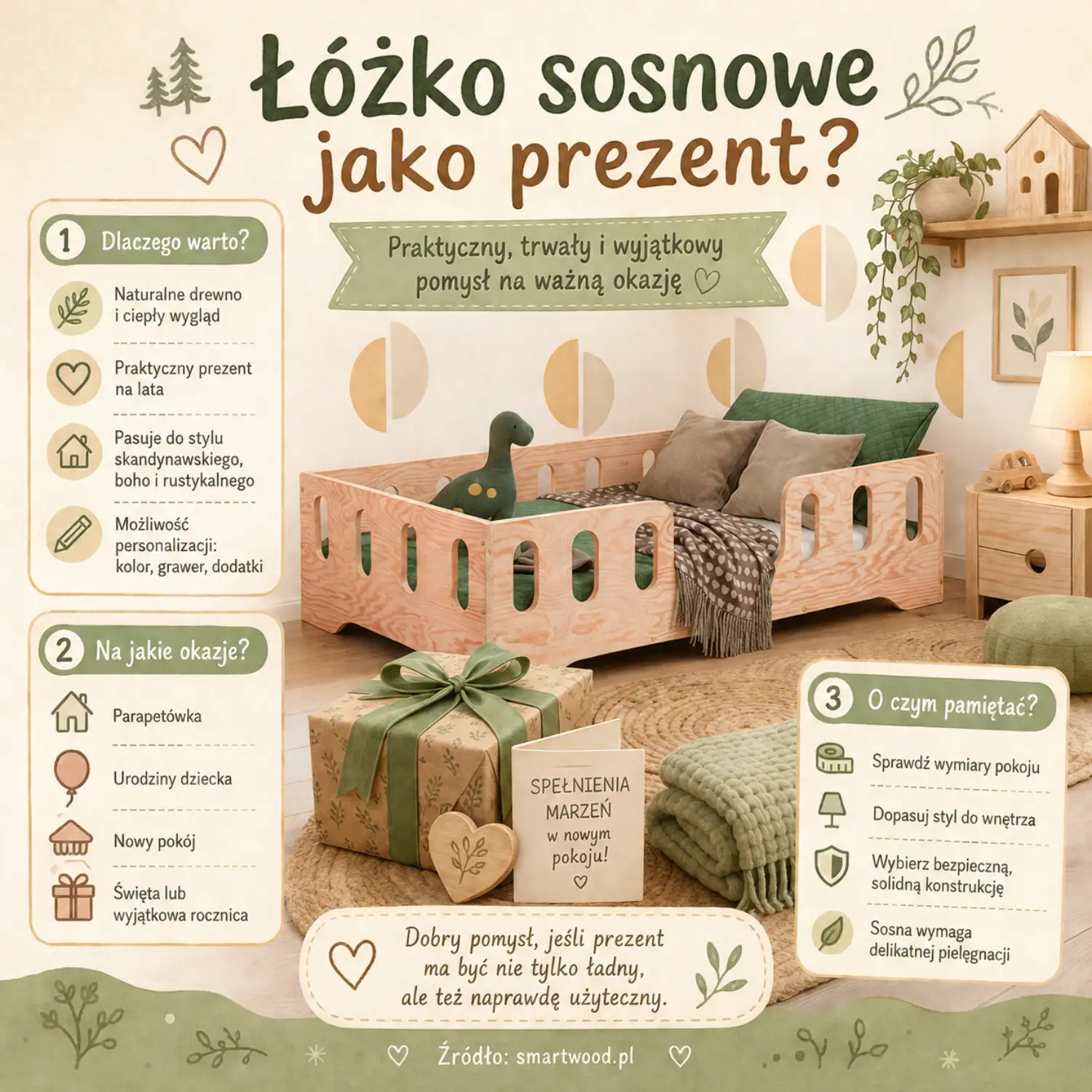  Infografika Smartwood - łóżko sosnowe jako prezent dla dziecka: zalety, okazje i o czym pamiętać przed zakupem.
