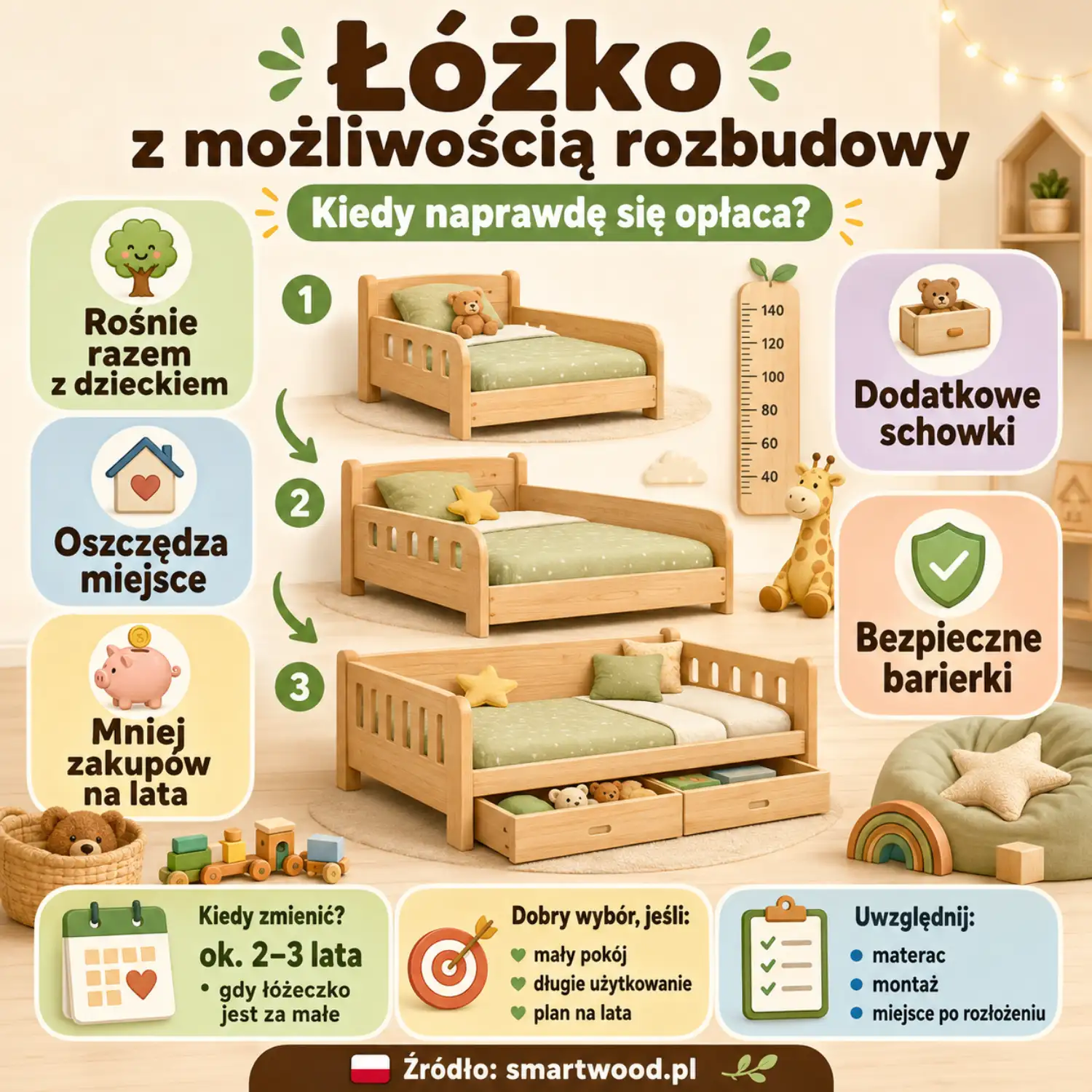 Infografika: łóżko z możliwością rozbudowy — rośnie razem z dzieckiem, oszczędza miejsce, dodatkowe schowki i bezpieczne barierki.