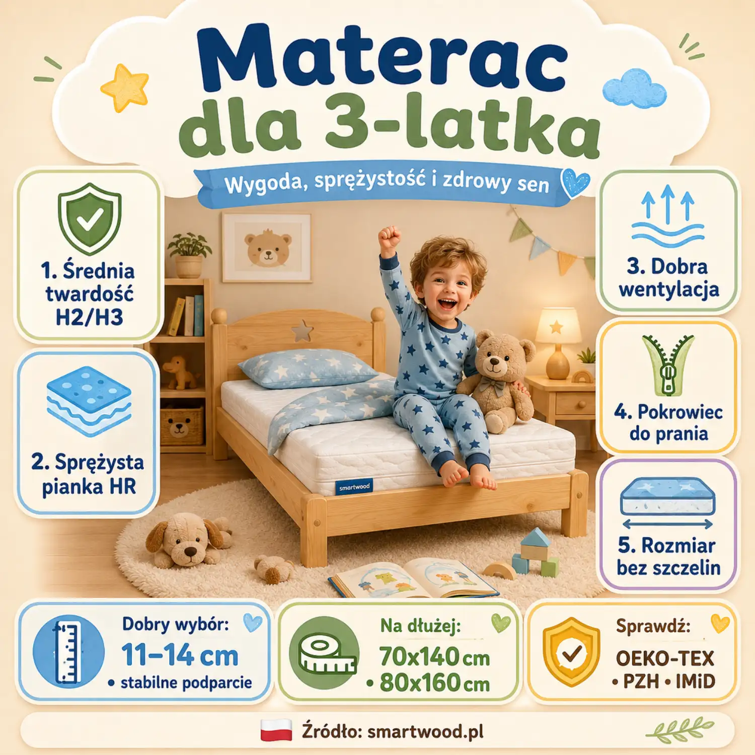  Infografika: materac dla 3-latka - średnia twardość H2/H3, sprężysta pianka HR i dobra wentylacja.