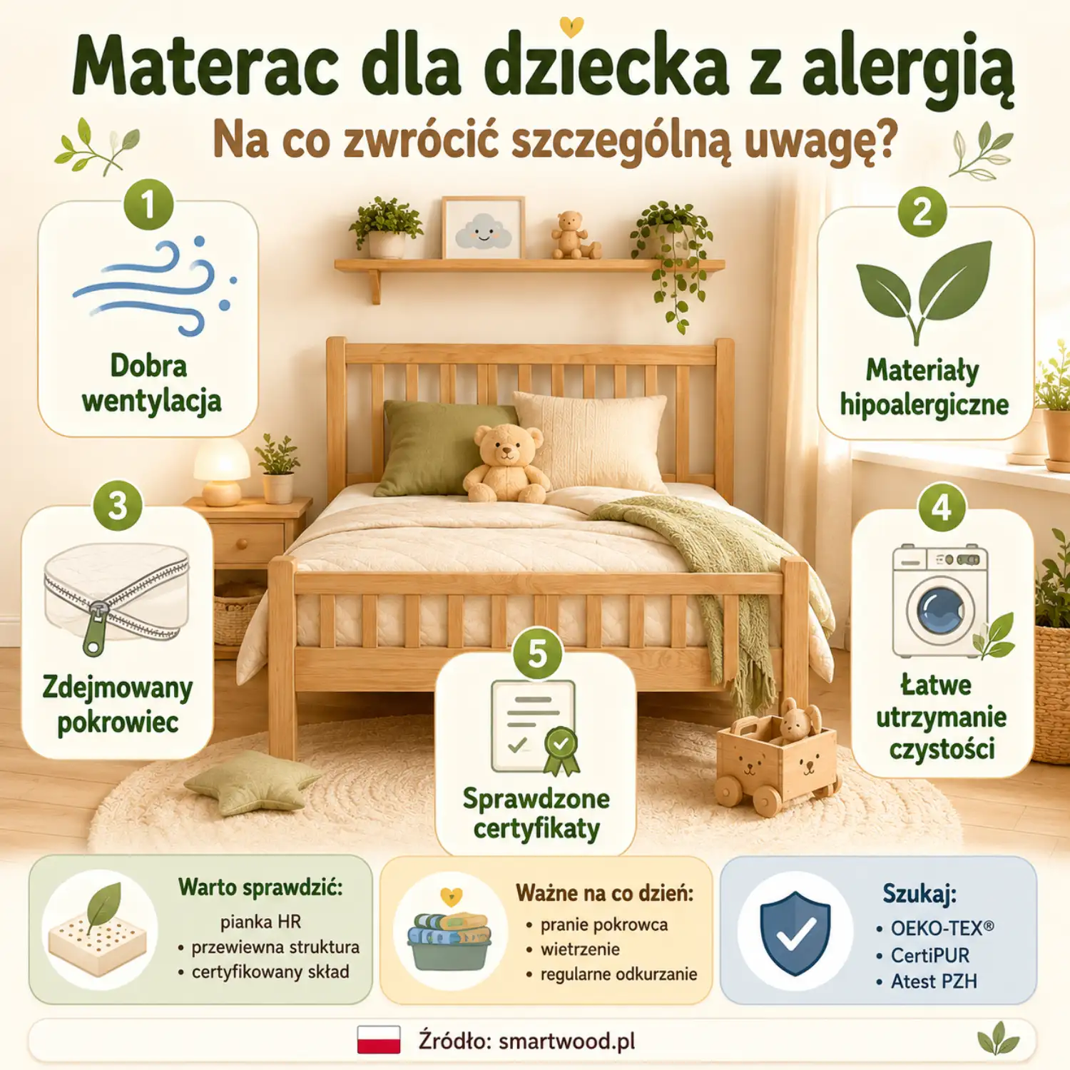 Infografika: materac dla dziecka z alergią - wentylacja, materiały hipoalergiczne, zdejmowany pokrowiec, łatwe czyszczenie i certyfikaty.