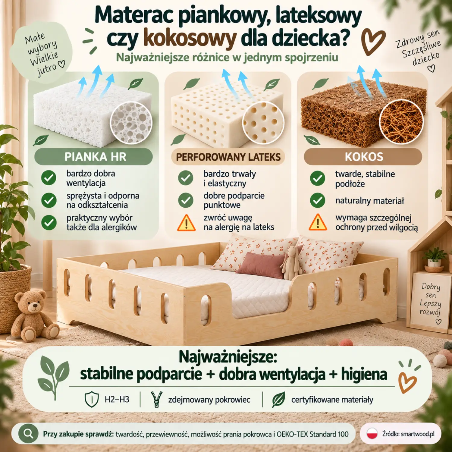 Infografika: porównanie materacy dla dziecka — pianka HR, perforowany lateks i kokos, z zaletami i uwagami przy każdym rodzaju.