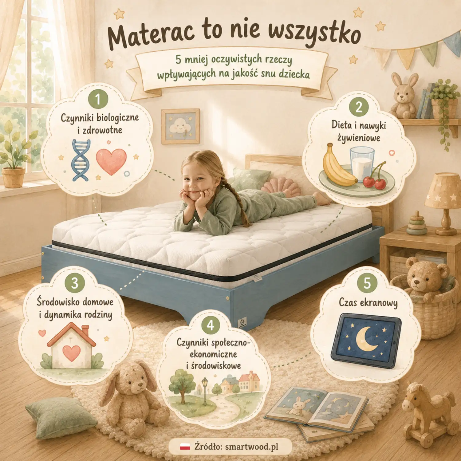 Infografika Smartwood - materac to nie wszystko: 5 mniej oczywistych czynników wpływających na jakość snu dziecka (zdrowie, dieta, środowisko, czas ekranowy).
