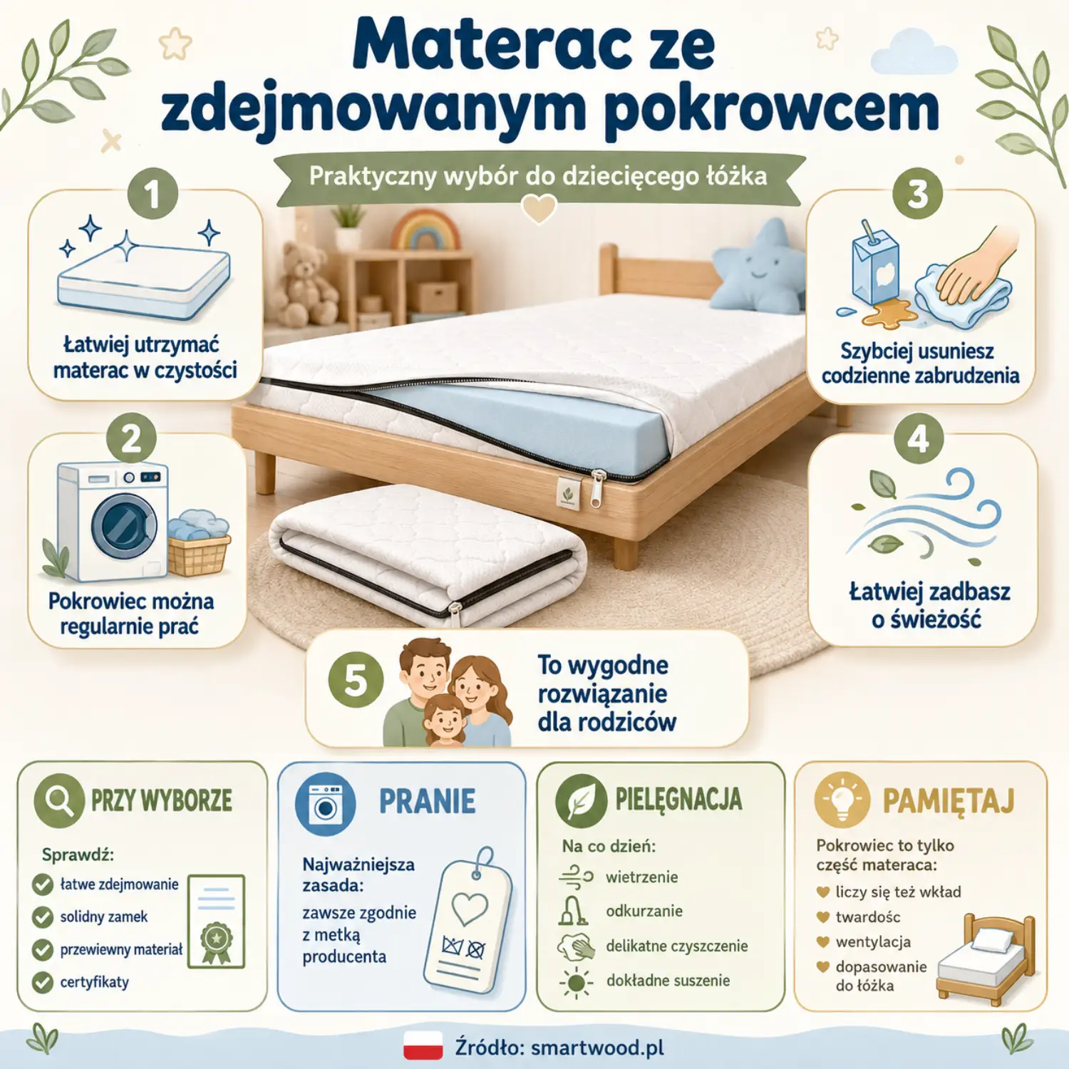 Infografika: materac ze zdejmowanym pokrowcem - łatwe pranie, szybkie usuwanie zabrudzeń i codzienna świeżość.