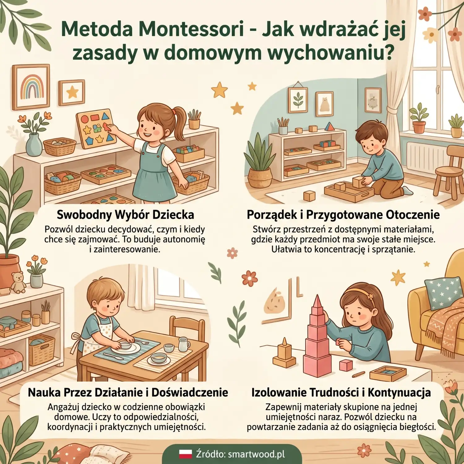 Infografika o metodzie Montessori w domowym wychowaniu – swobodny wybór dziecka, przygotowane otoczenie, nauka przez działanie i izolowanie trudności