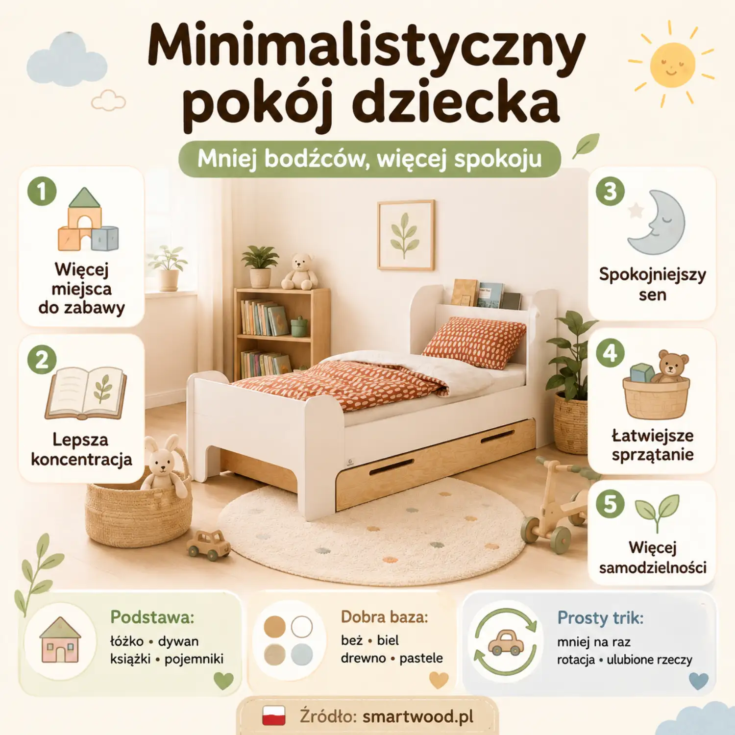 Infografika: minimalistyczny pokój dziecka - więcej miejsca do zabawy, lepsza koncentracja, spokojniejszy sen i samodzielność.