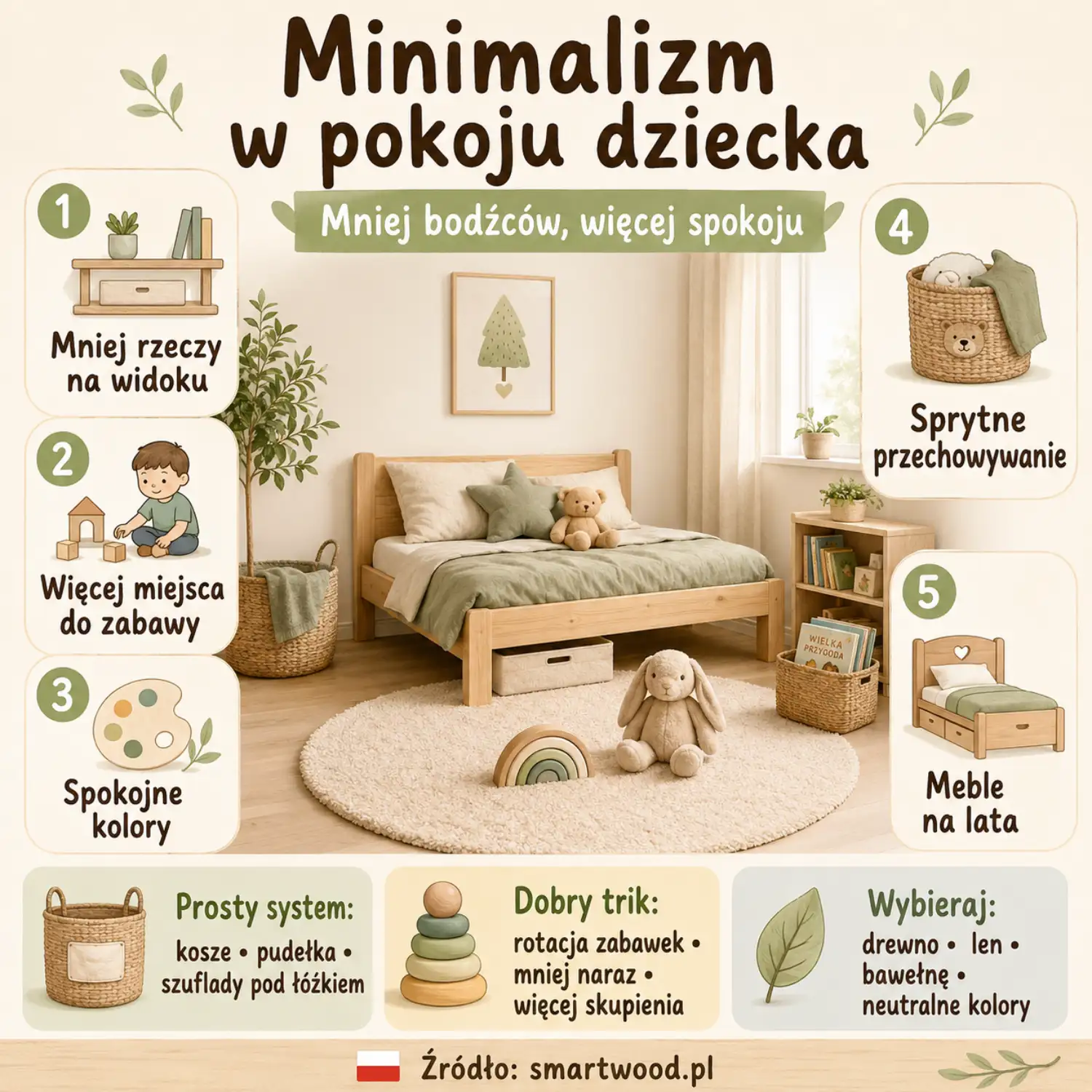 Infografika: minimalizm w pokoju dziecka - mniej rzeczy na widoku, więcej miejsca do zabawy, spokojne kolory i sprytne przechowywanie.