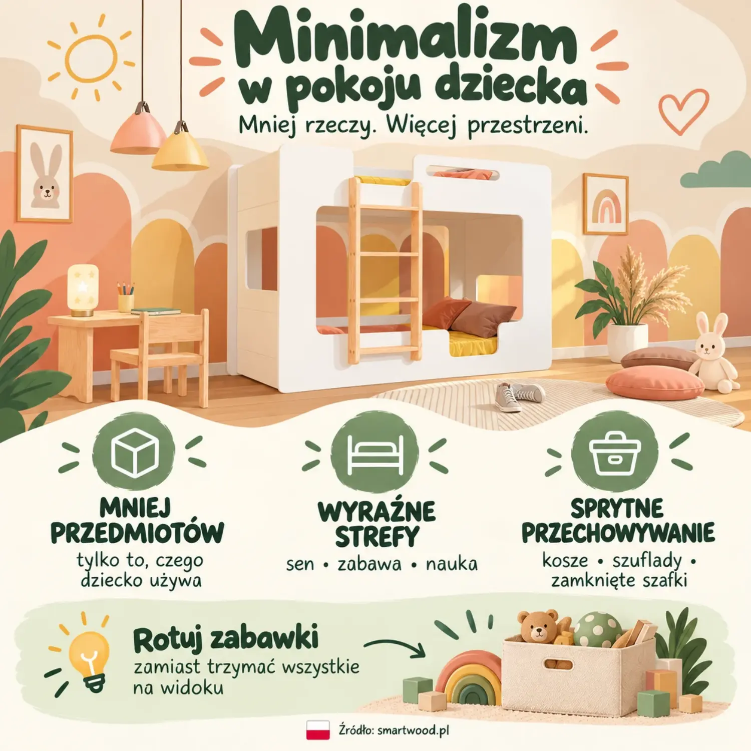 Infografika: minimalizm w pokoju dziecka - mniej przedmiotów, wyraźne strefy snu, zabawy i nauki oraz sprytne przechowywanie z rotacją zabawek.