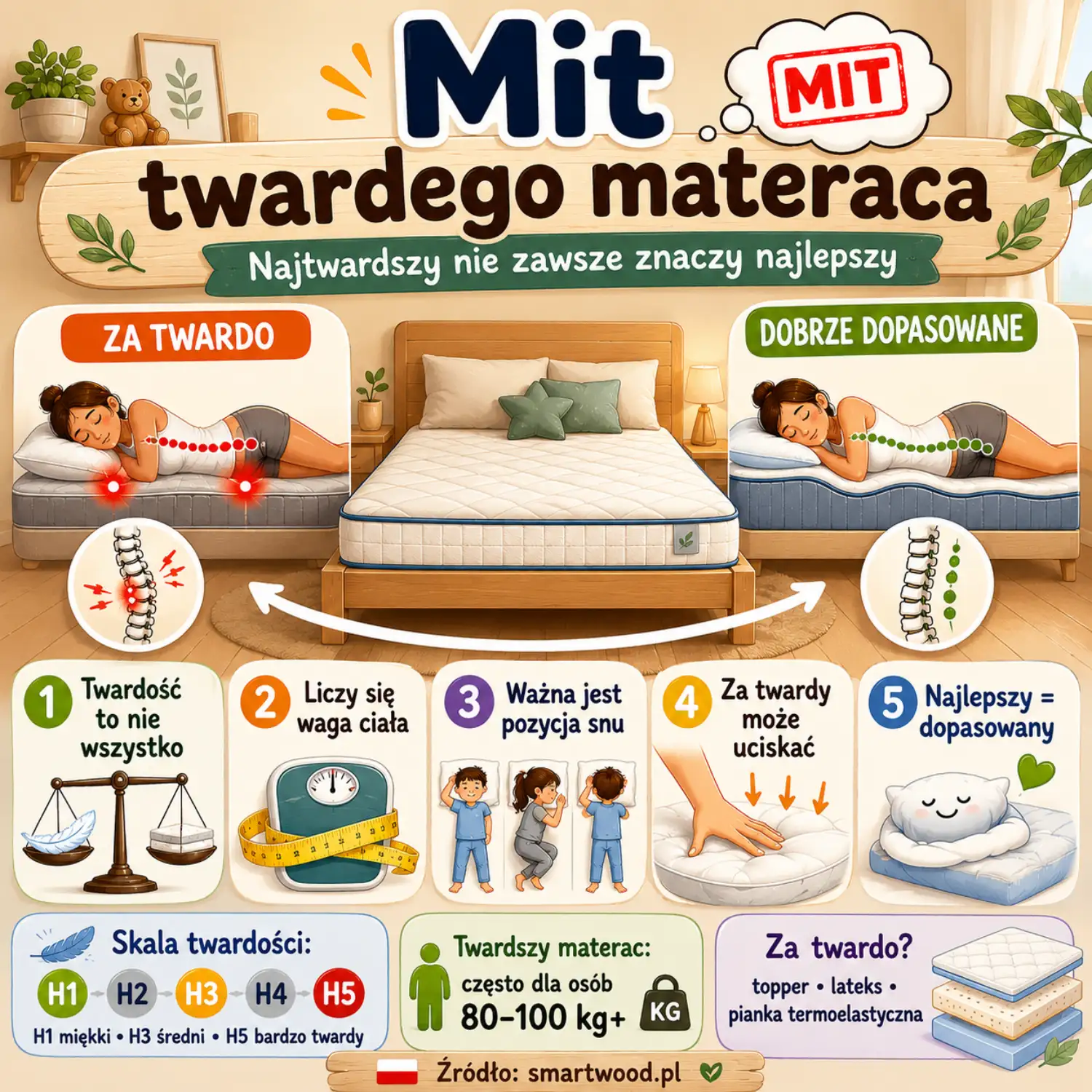 Infografika: mit twardego materaca - twardość to nie wszystko, liczy się waga ciała, pozycja snu i dopasowanie.