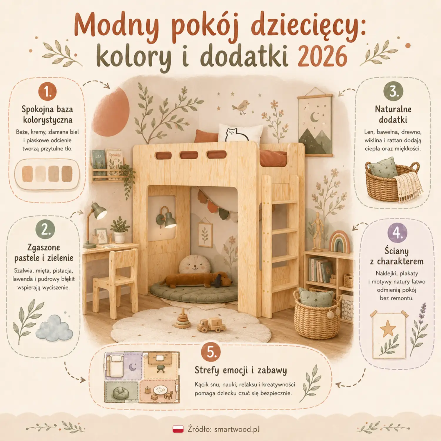 Infografika Smartwood - modny pokój dziecięcy 2026: spokojna baza kolorystyczna, zgaszone pastele, naturalne dodatki i strefy zabawy.