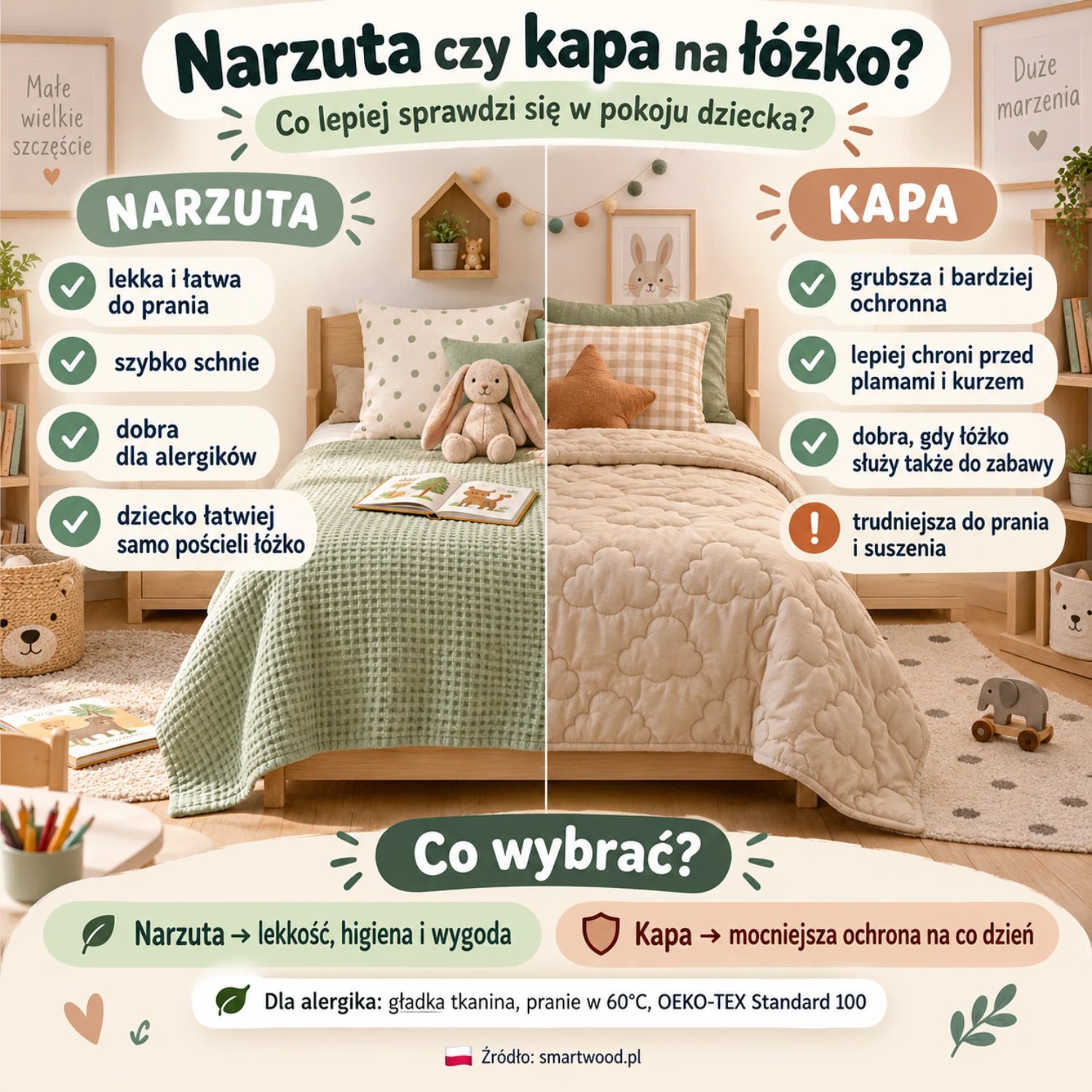 Infografika: narzuta czy kapa na łóżko dziecka — porównanie wagi, łatwości prania, ochrony przed plamami i wygody codziennej.