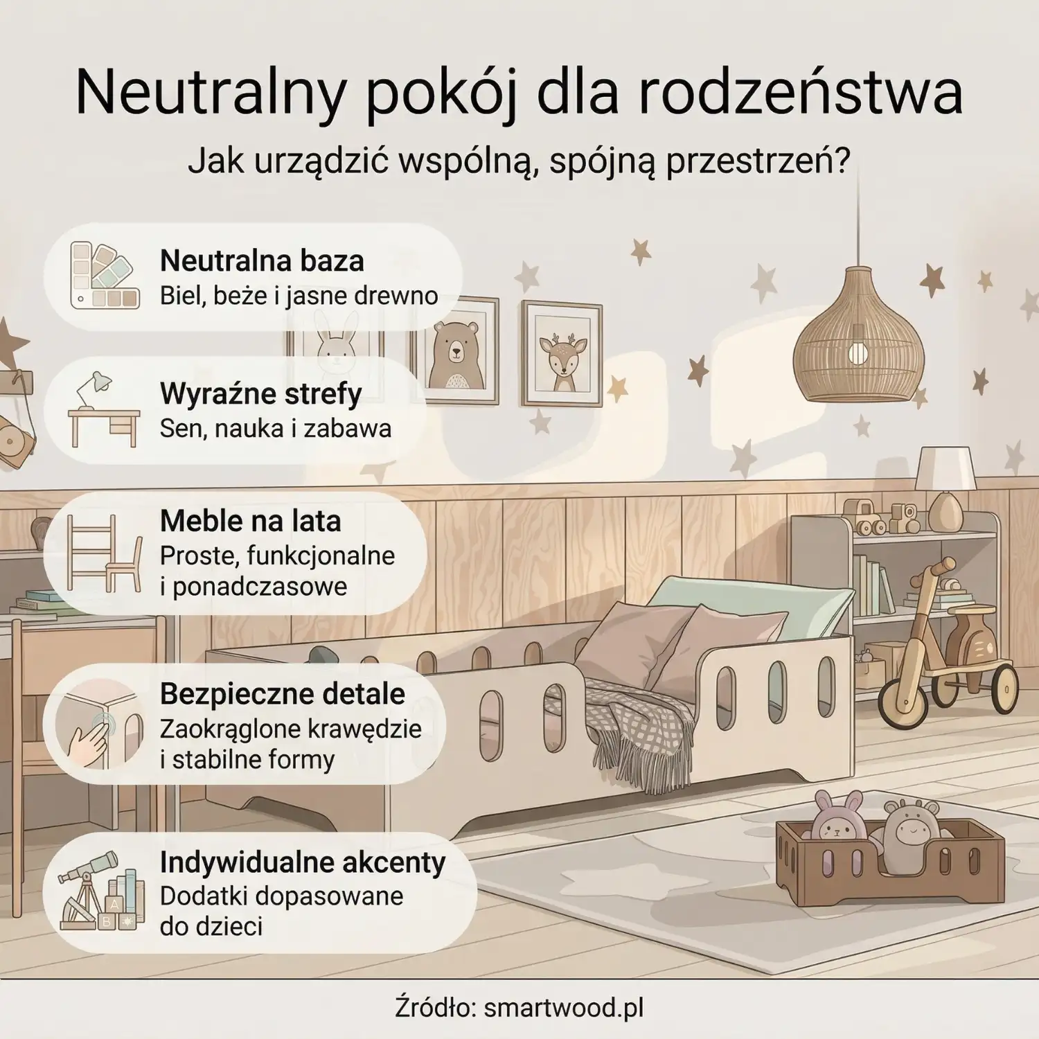 Infografika neutralny pokój dla rodzeństwa – neutralna baza, wyraźne strefy, meble na lata, bezpieczne detale i indywidualne akcenty