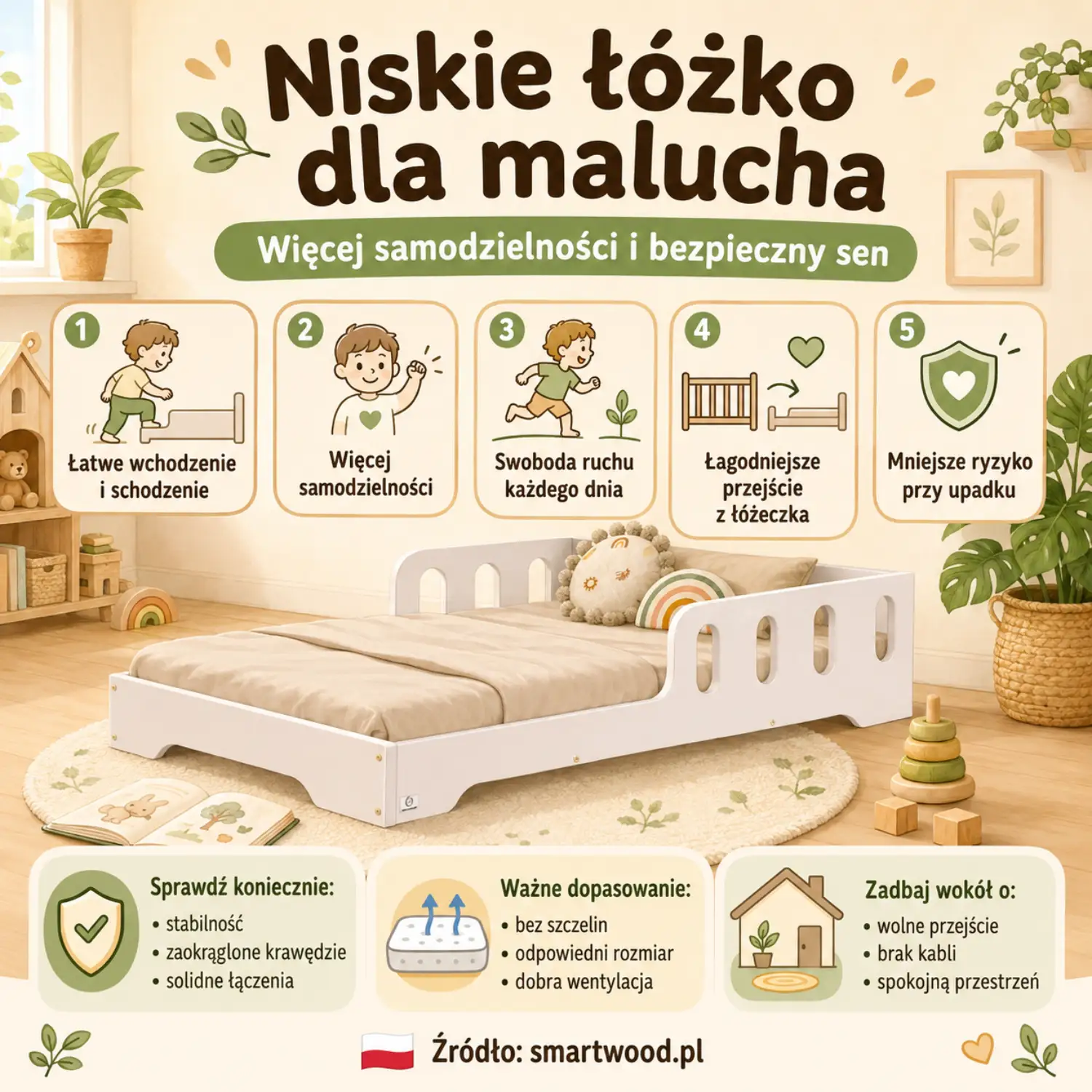 Infografika: niskie łóżko dla malucha - łatwe wchodzenie, więcej samodzielności, swoboda ruchu, łagodne przejście z łóżeczka i bezpieczeństwo.