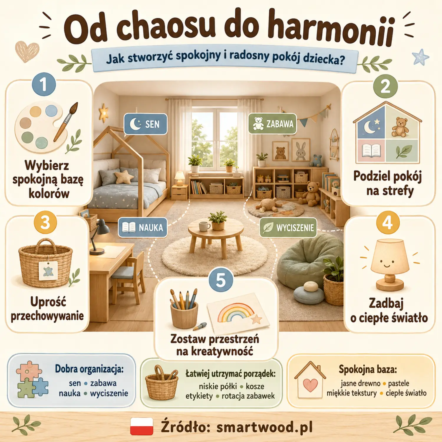 Infografika: od chaosu do harmonii - spokojna baza kolorów, podział na strefy, proste przechowywanie, ciepłe światło i miejsce na kreatywność.