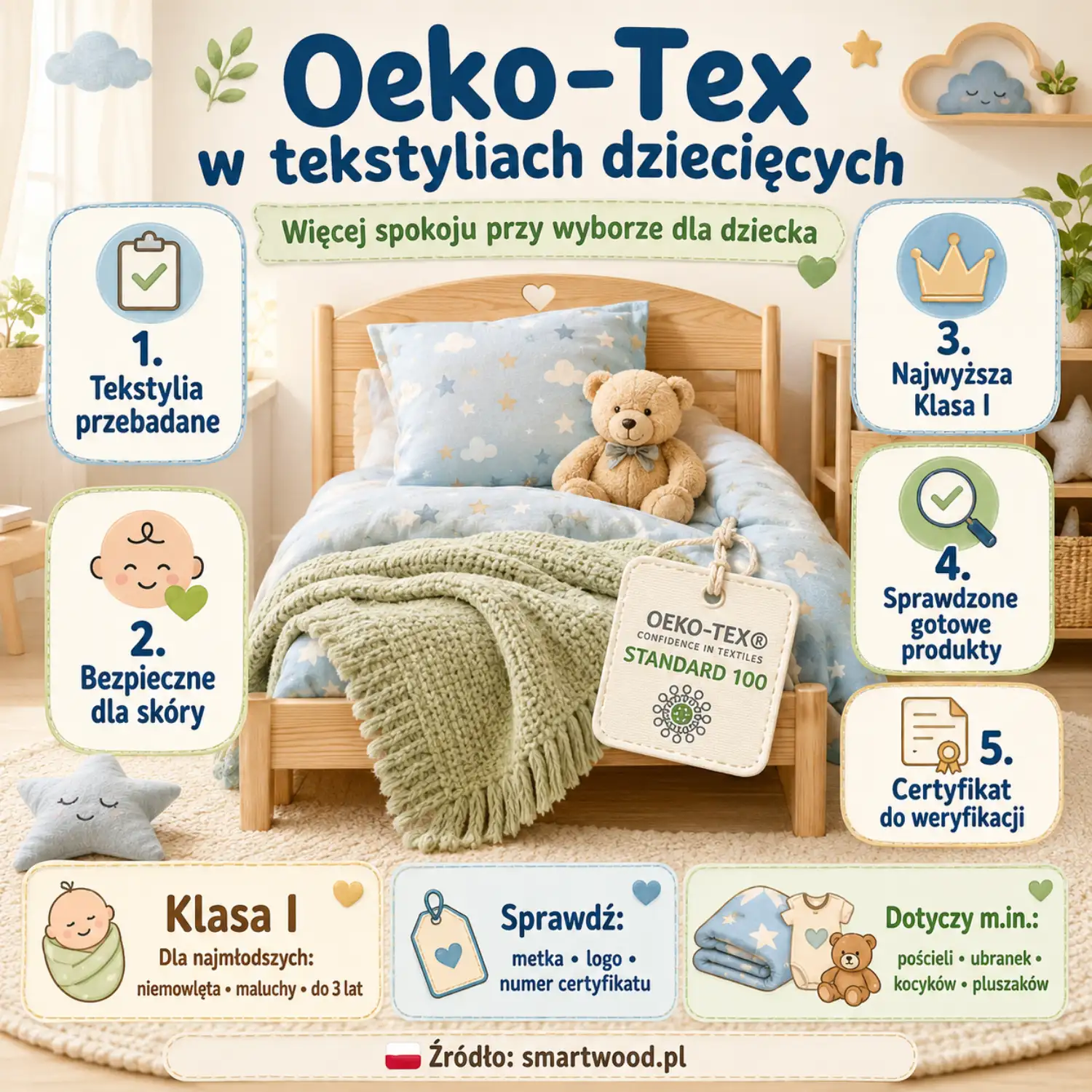  Infografika: Oeko-Tex Standard 100 w tekstyliach dziecięcych - przebadane tekstylia, bezpieczne dla skóry, Klasa I i certyfikat do weryfikacji.