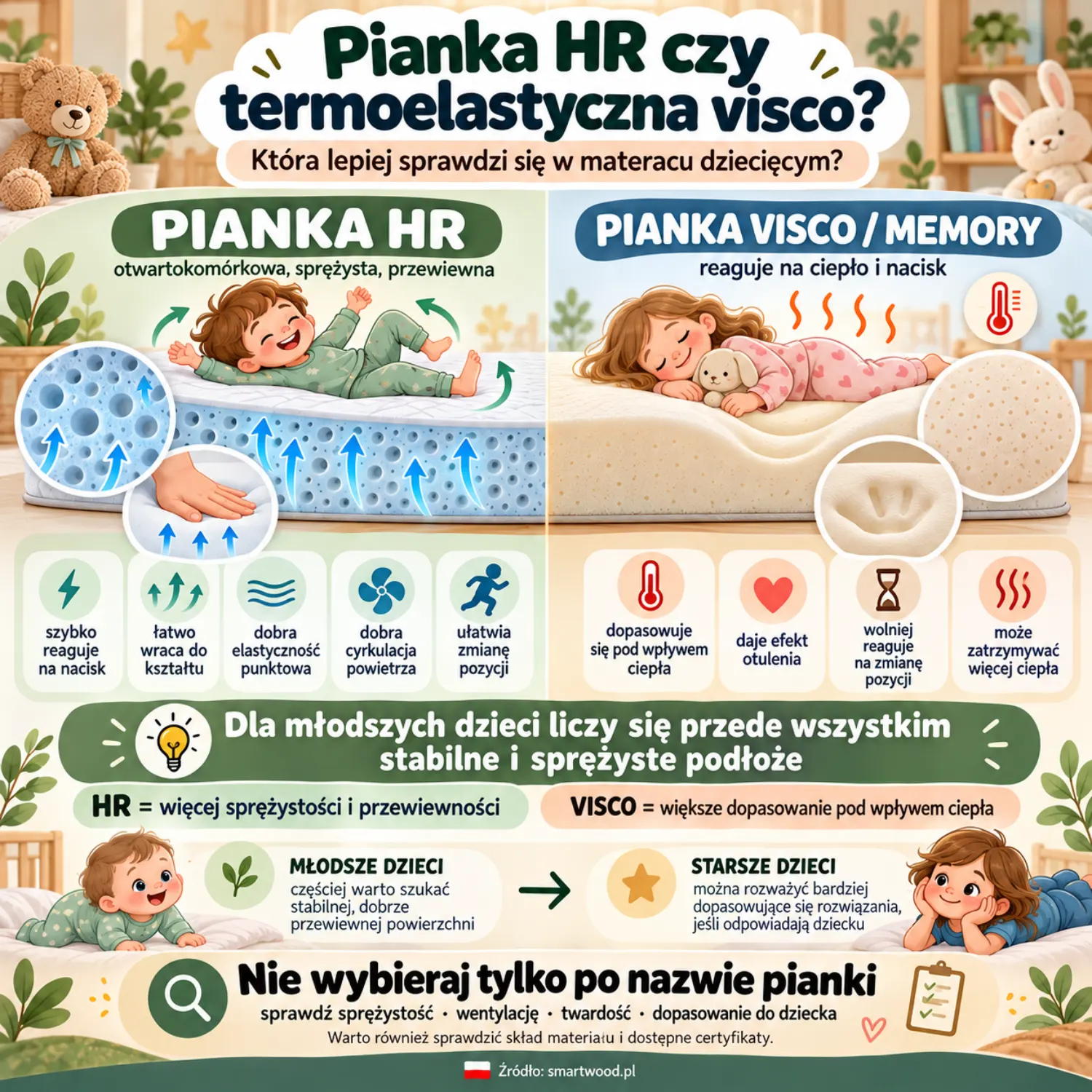 Infografika: pianka HR czy visco w materacu dziecięcym — sprężystość i przewiewność kontra dopasowanie pod wpływem ciepła.