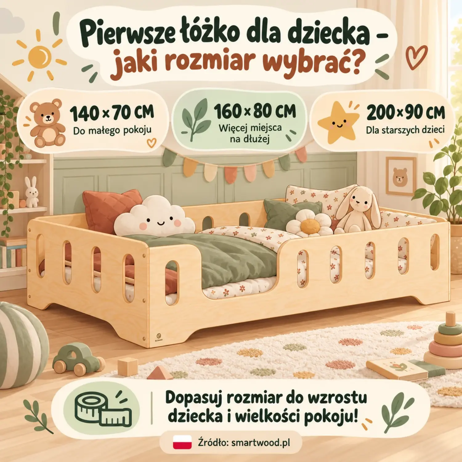 Infografika: pierwsze łóżko dla dziecka - rozmiary 140×70 cm do małego pokoju, 160×80 cm na dłużej i 200×90 cm dla starszych dzieci.