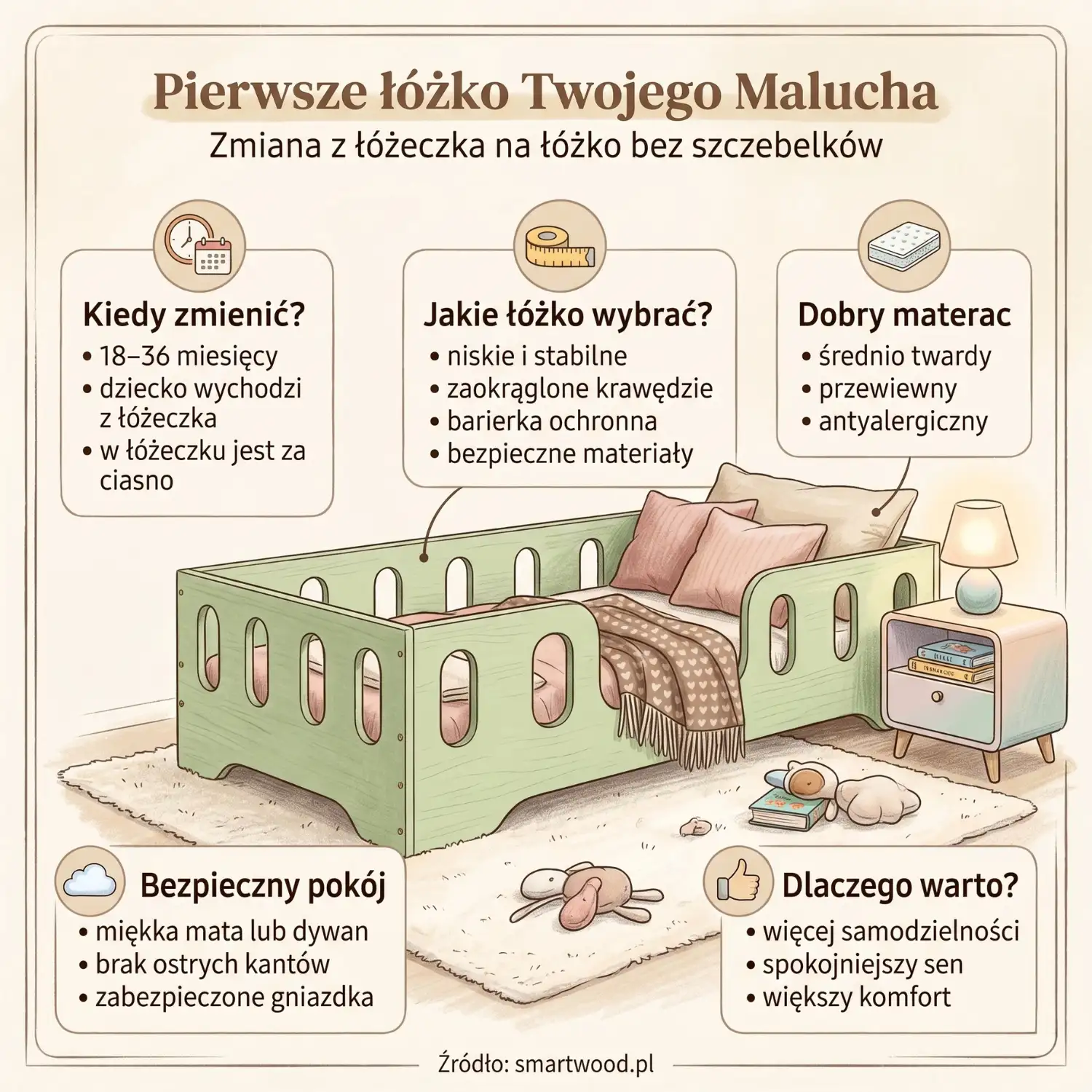Infografika o pierwszym łóżku dla malucha – zmiana z łóżeczka na łóżko bez szczebelków, jakie łóżko wybrać, dobry materac i bezpieczny pokój dziecka