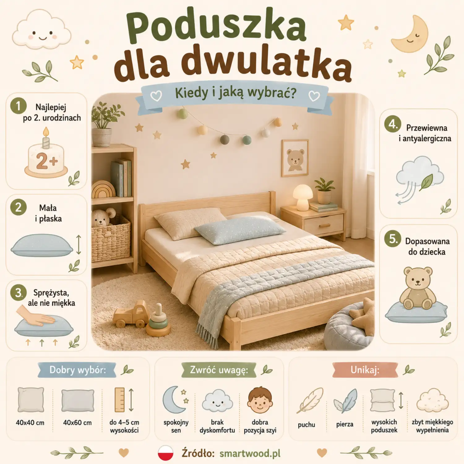 Infografika: poduszka dla dwulatka - najlepiej po 2. urodzinach, mała i płaska, sprężysta, przewiewna i dopasowana do dziecka.
