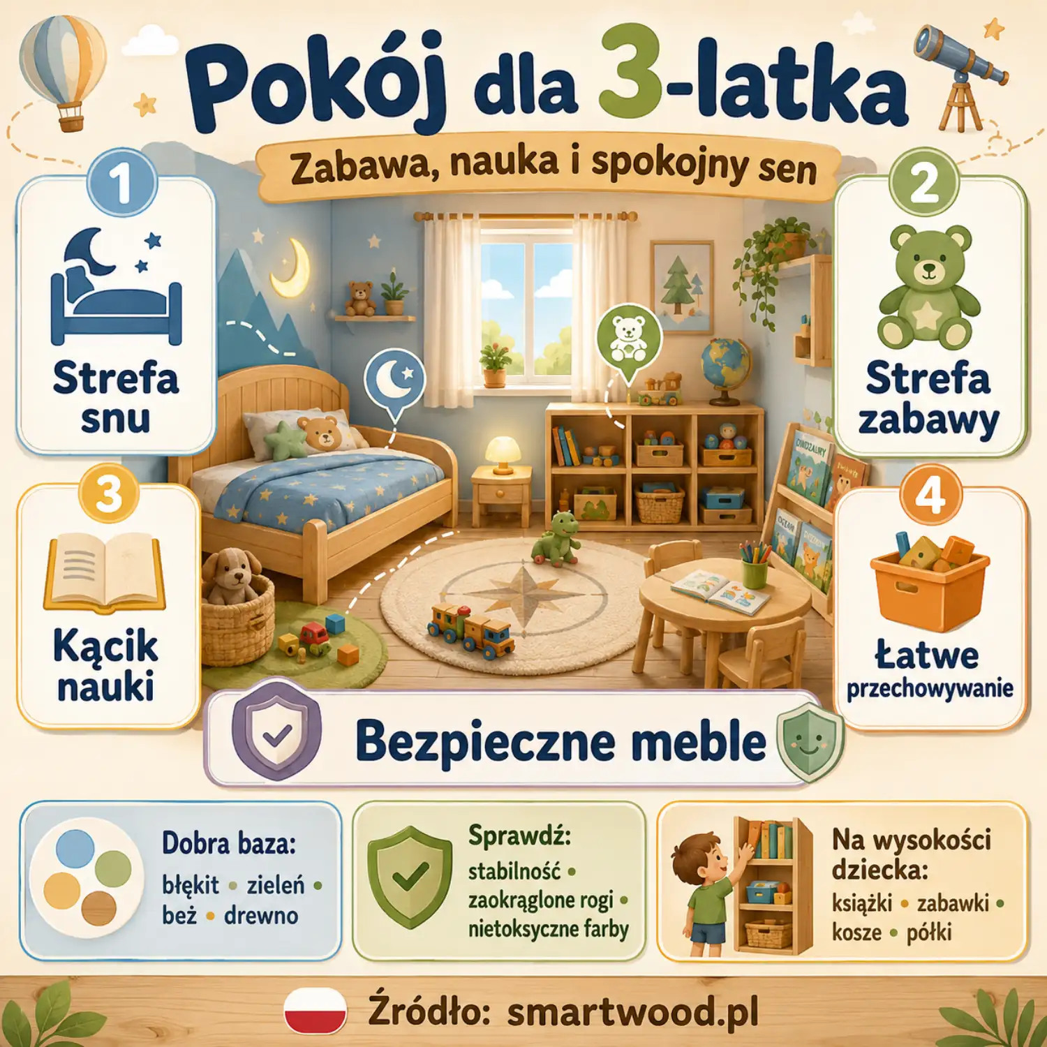 Infografika: pokój dla 3-latka - strefa snu, strefa zabawy, kącik nauki, łatwe przechowywanie i bezpieczne meble.