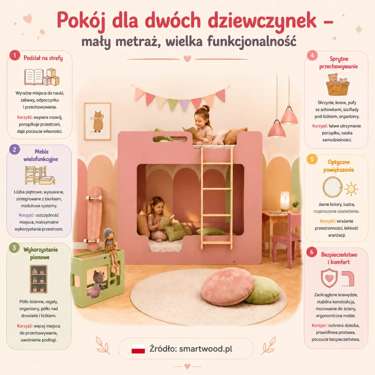 Infografika Smartwood - pokój dla dwóch dziewczynek w małym metrażu: podział na strefy, meble wielofunkcyjne, sprytne przechowywanie i bezpieczeństwo.