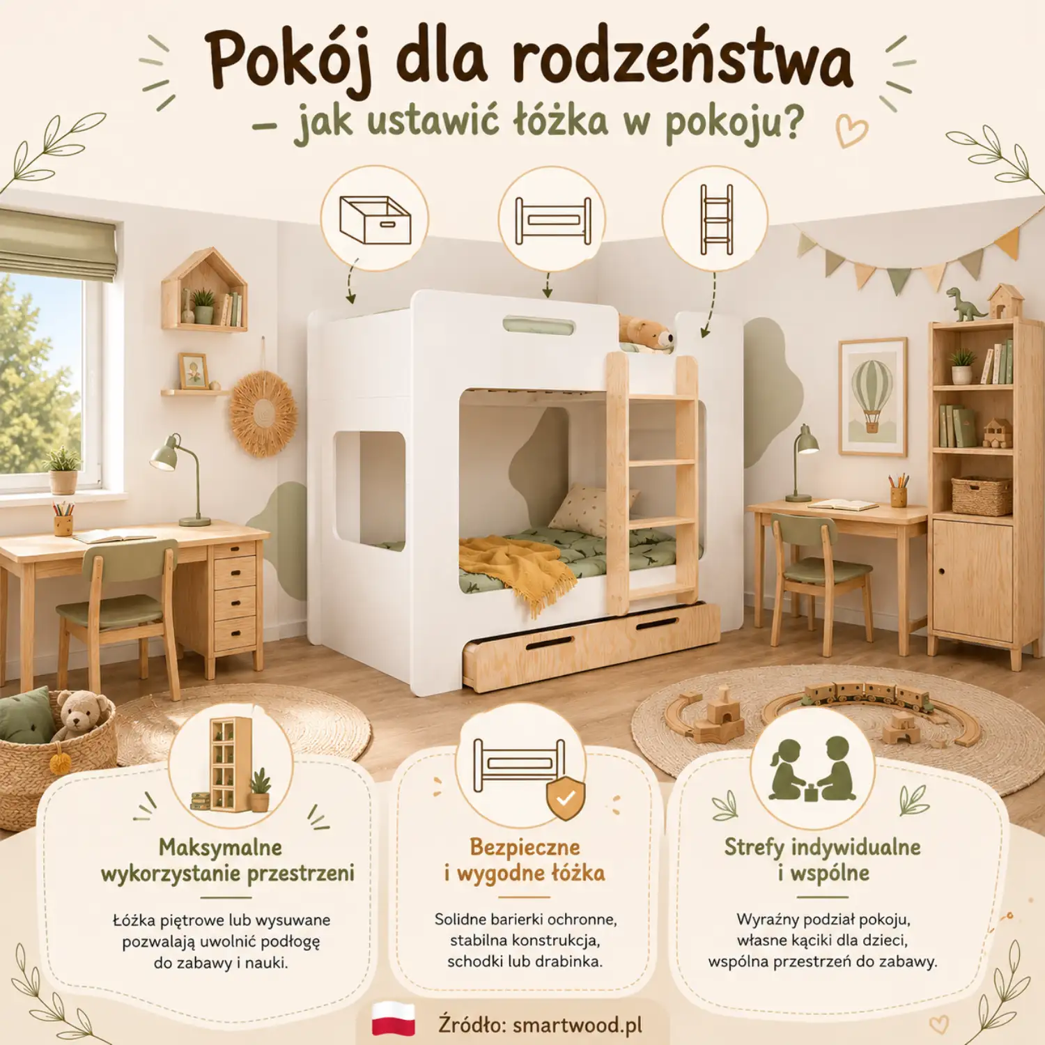 Infografika: praktyczne wskazówki, jak urządzić pokój dla rodzeństwa — łóżka piętrowe, indywidualne strefy i bezpieczna przestrzeń wspólna. smartwood.pl