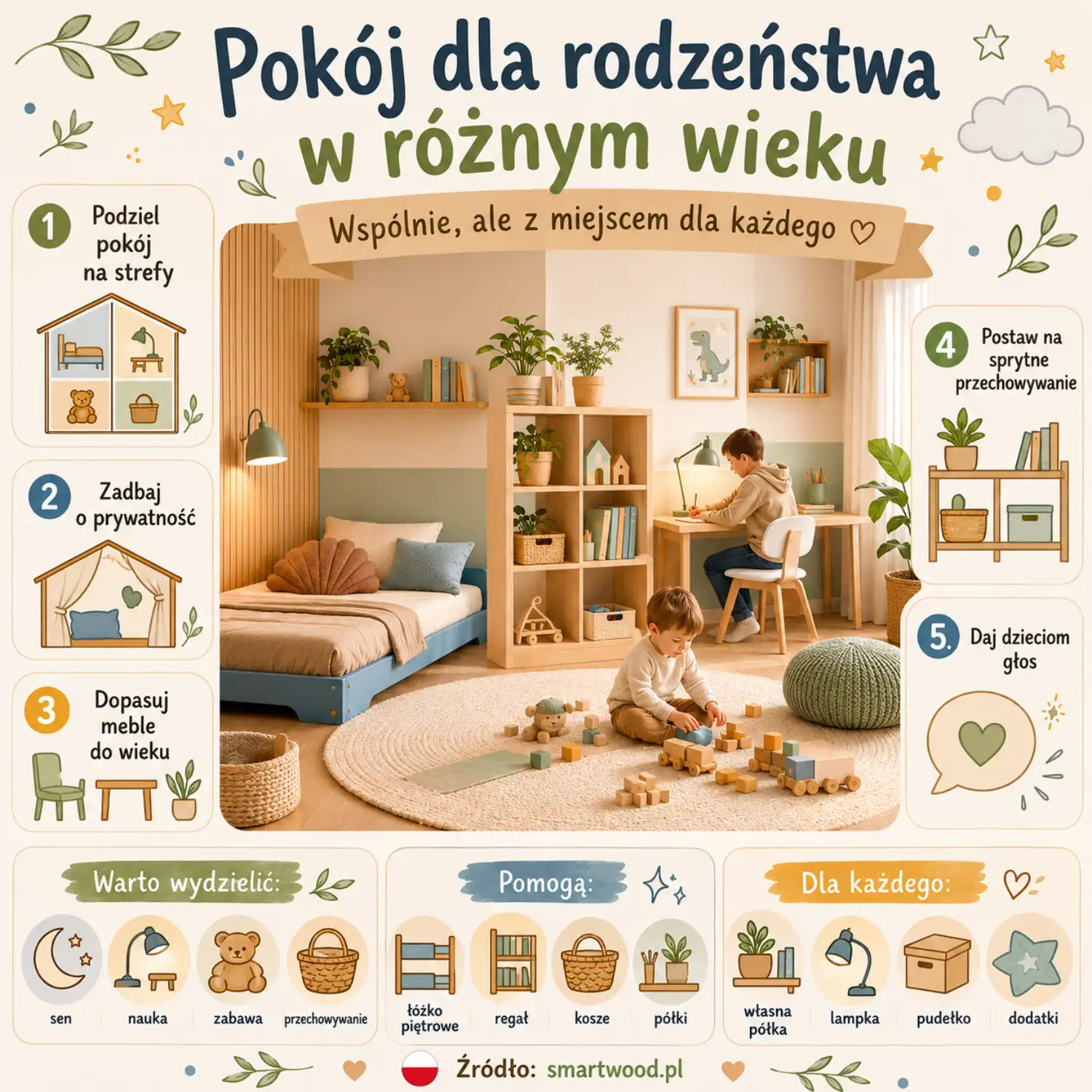 Infografika: pokój dla rodzeństwa w różnym wieku - podział na strefy, prywatność, meble dopasowane do wieku i sprytne przechowywanie.